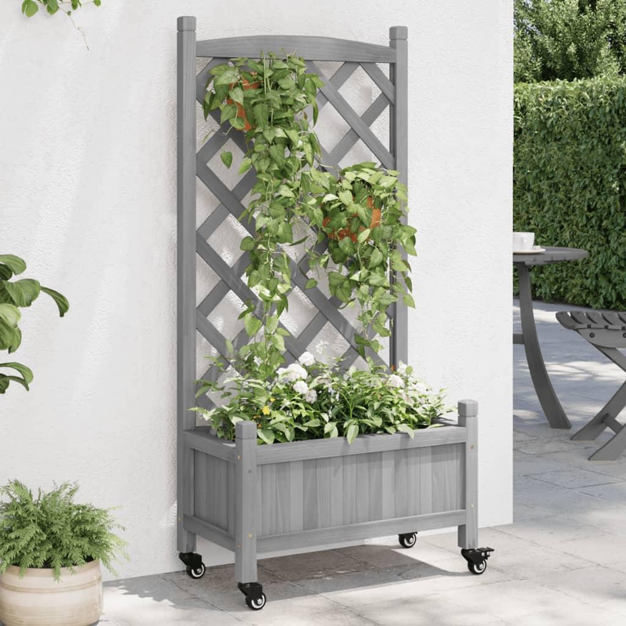 VIDAXL Jardiniere avec treillis et roues gris bois massif de sapin