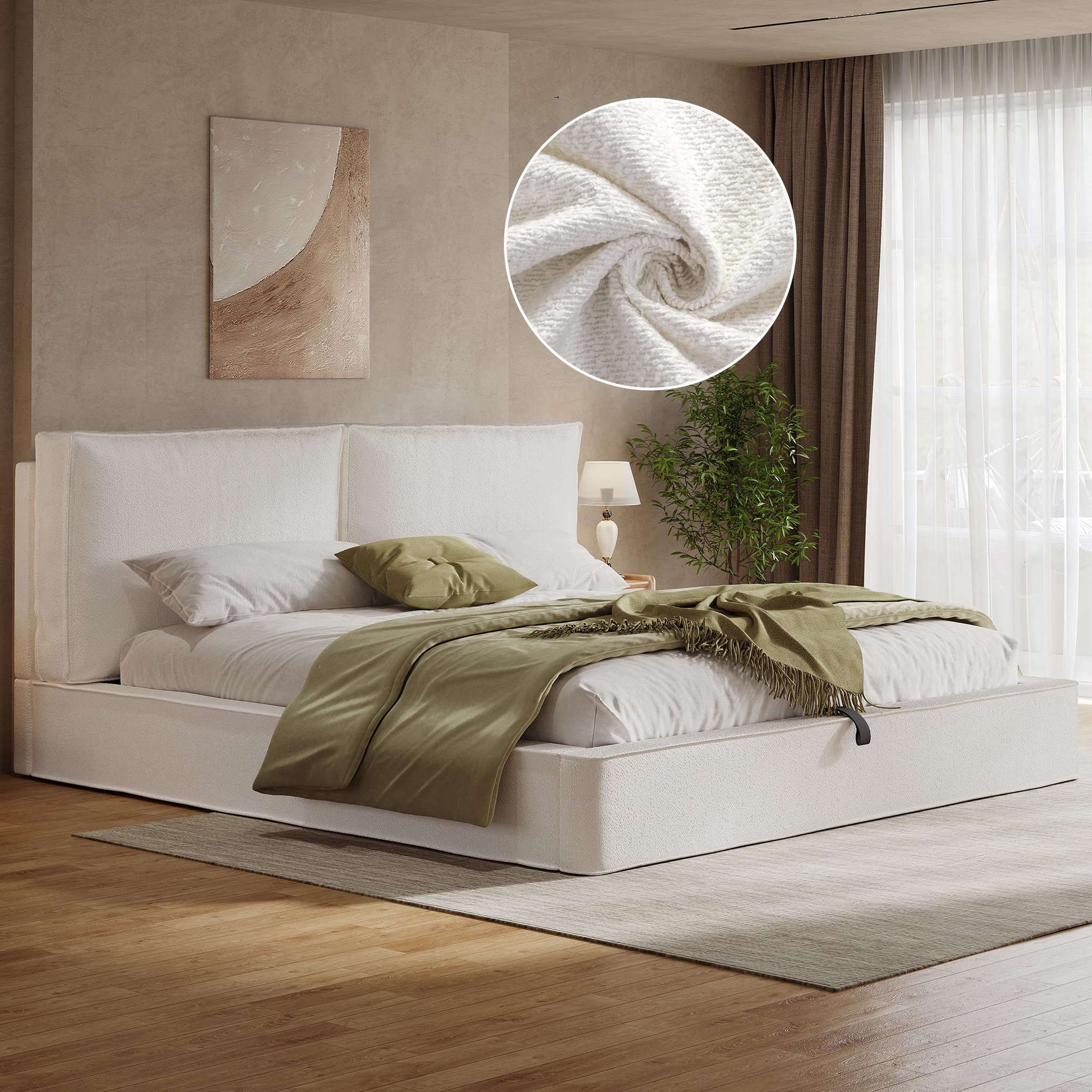 Voir la diapositive 2 : MERAX Lit coffre 180x200 cm avec rangement hydraulique, tête de lit rembourrée bouclé blanc