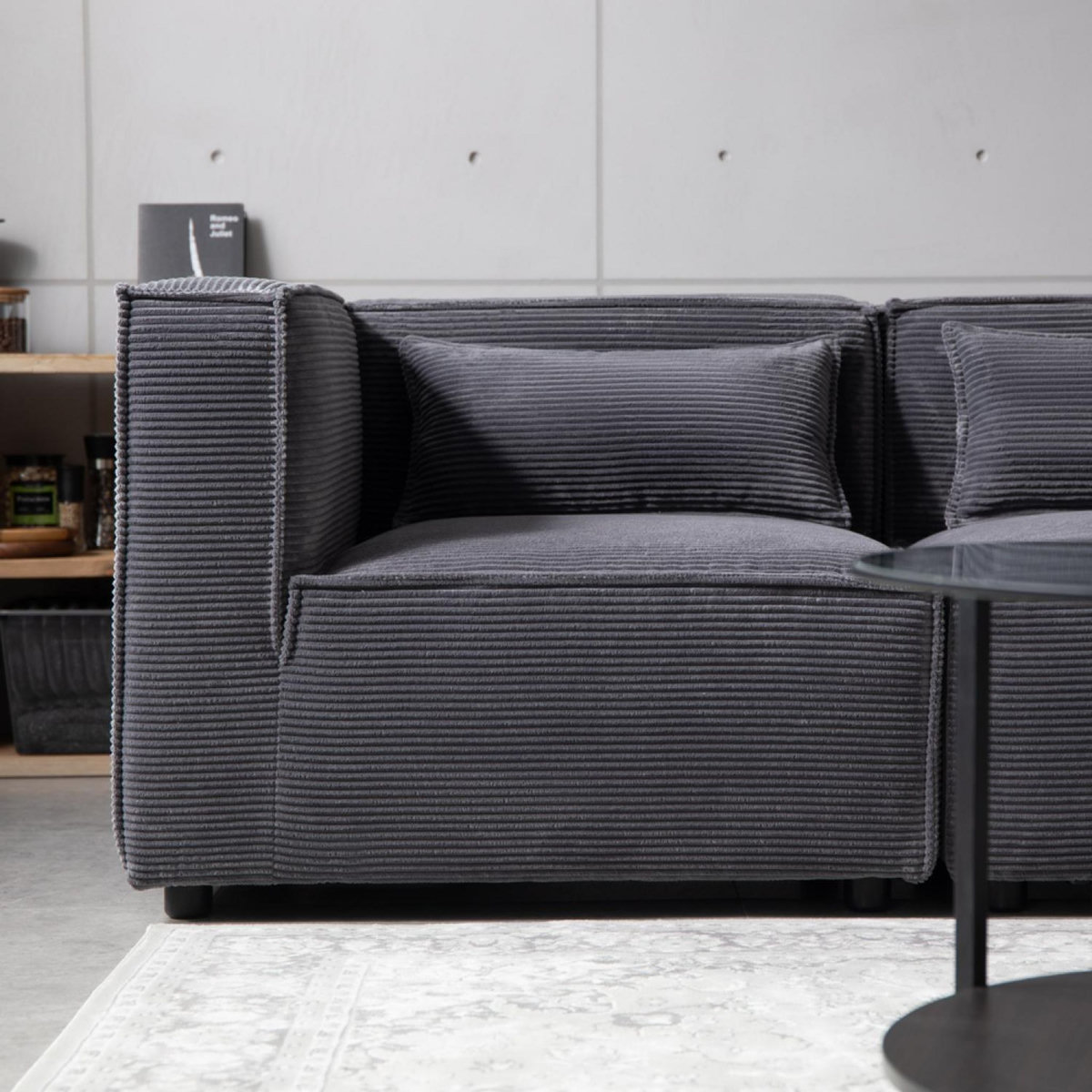 CONCEPT USINE Canapé modulable 3 places velours côtelé gris avec pouf MODULAR