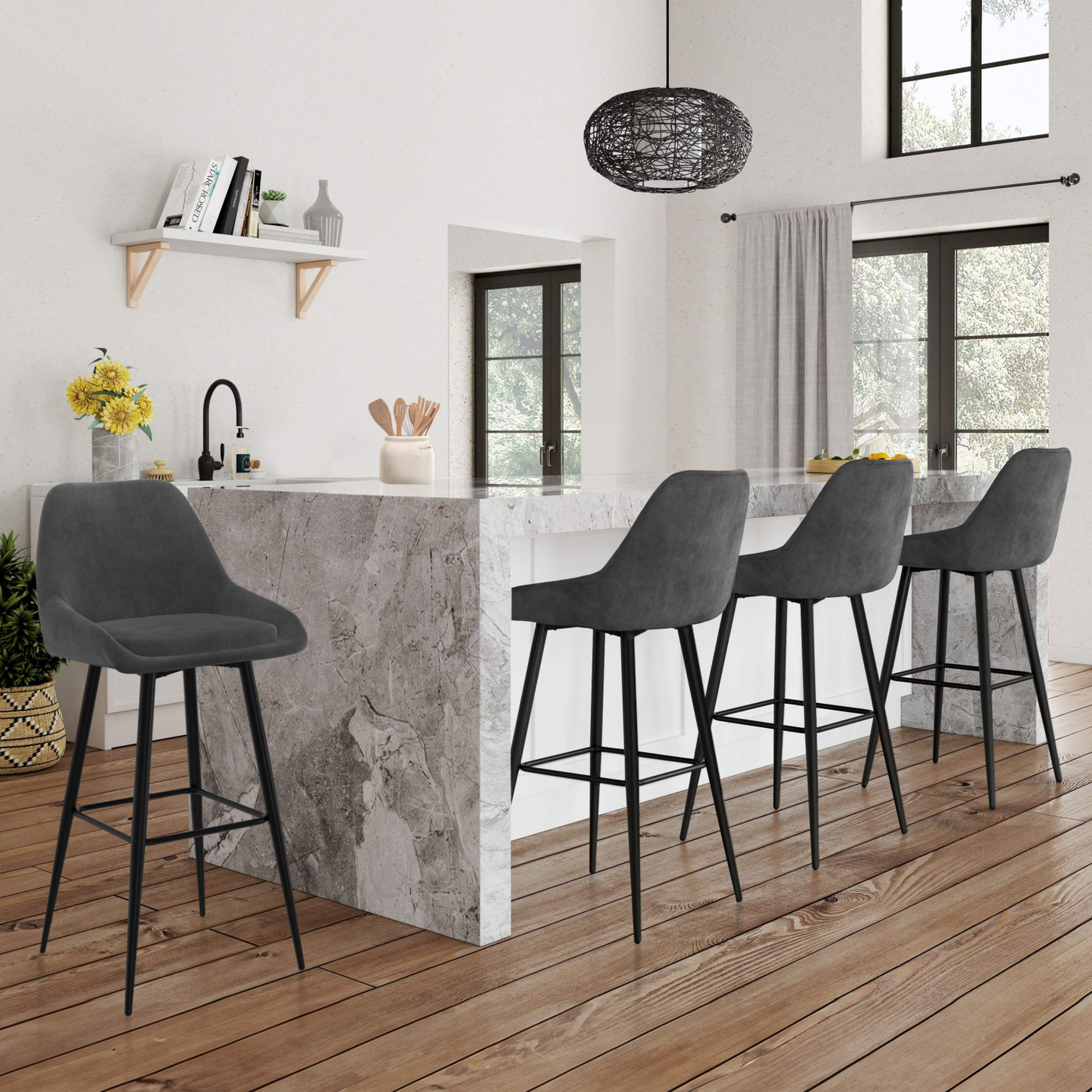 Voir la diapositive 2 : ID MARKET Lot de 4 tabourets de bar thalya en velours gris foncé avec demi-accoudoirs