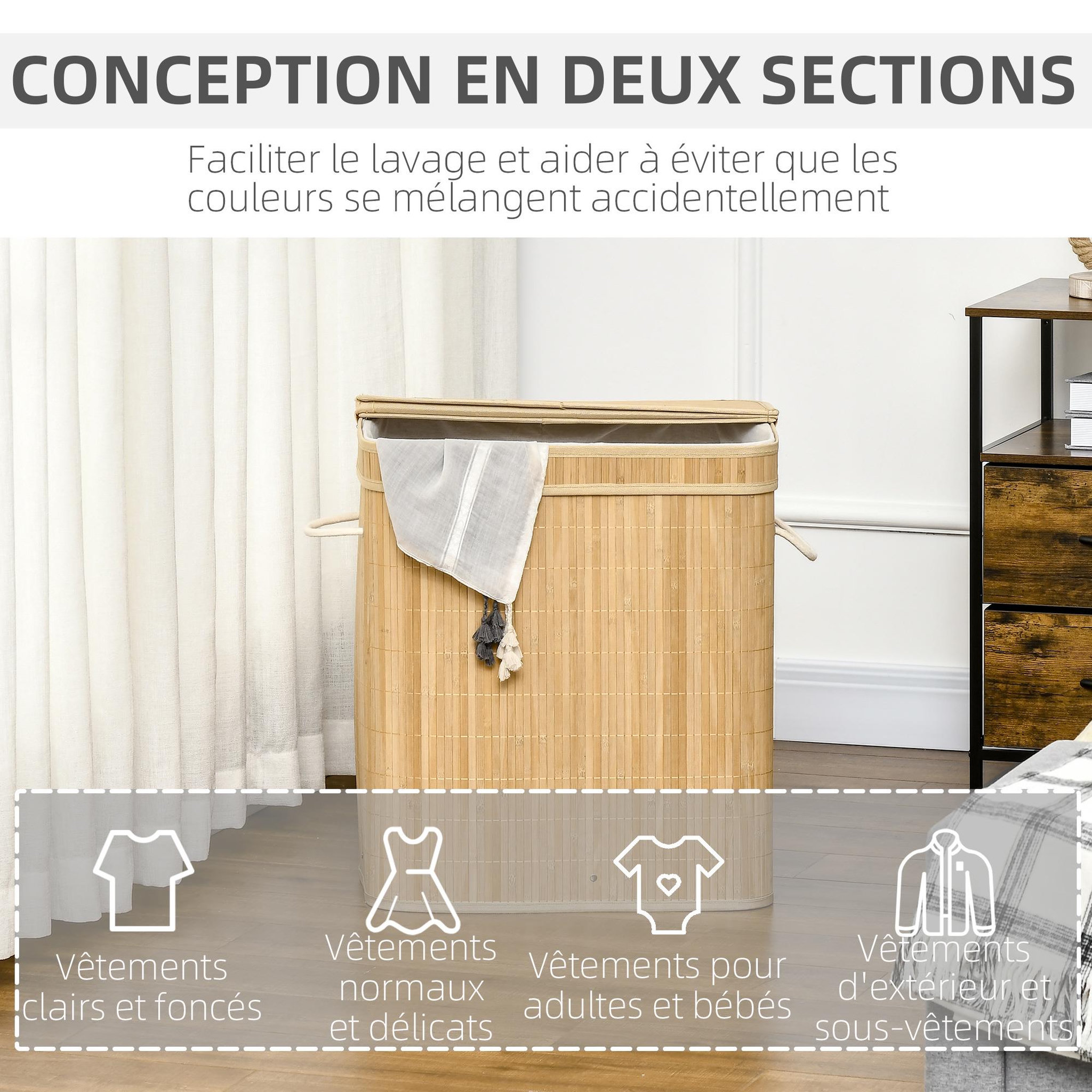 Voir la diapositive 6 : HOMCOM Panier à linge corbeille à linge bac à linge 100 l 2 compartiments couvercle sac amovible 2 poignées tissu bambou