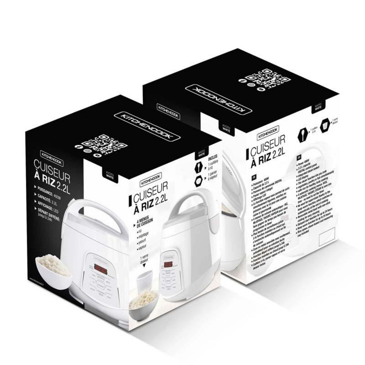 KITCHENCOOK Kitchencook - Cuiseur à Riz 2.2l - Panier Vapeur Intégré - 400w - 4 Menus De Cuisson Automatique - Départ Différé - Blanc