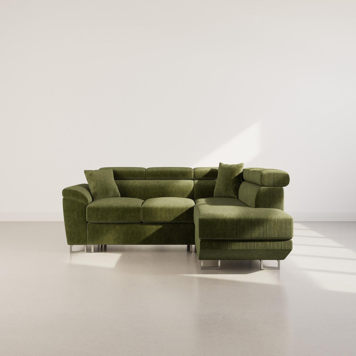 BEST MOBILIER Baoji - canapé d'angle droit 5 places convertible avec têtières et coffre en velours côtelé