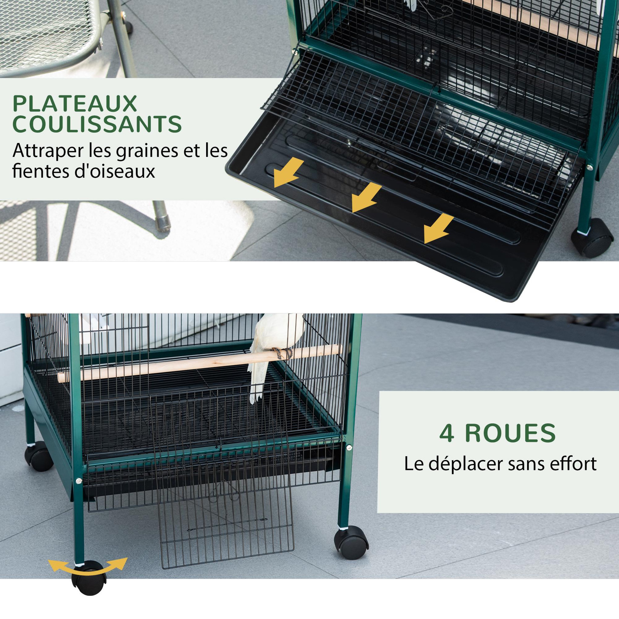 Voir la diapositive 6 : PAWHUT Grande cage à oiseaux sur pied à roulettes - volière double, mangeoires, perchoirs, plateau amovible - vert noir