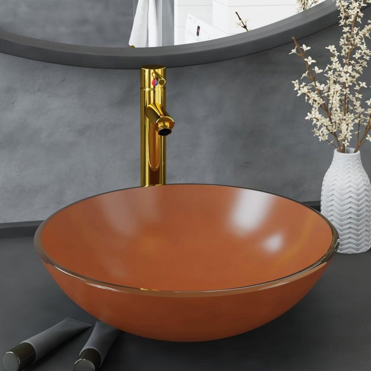 VIDAXL Lavabo de bain avec robinet et drain a poussoir Verre trempe