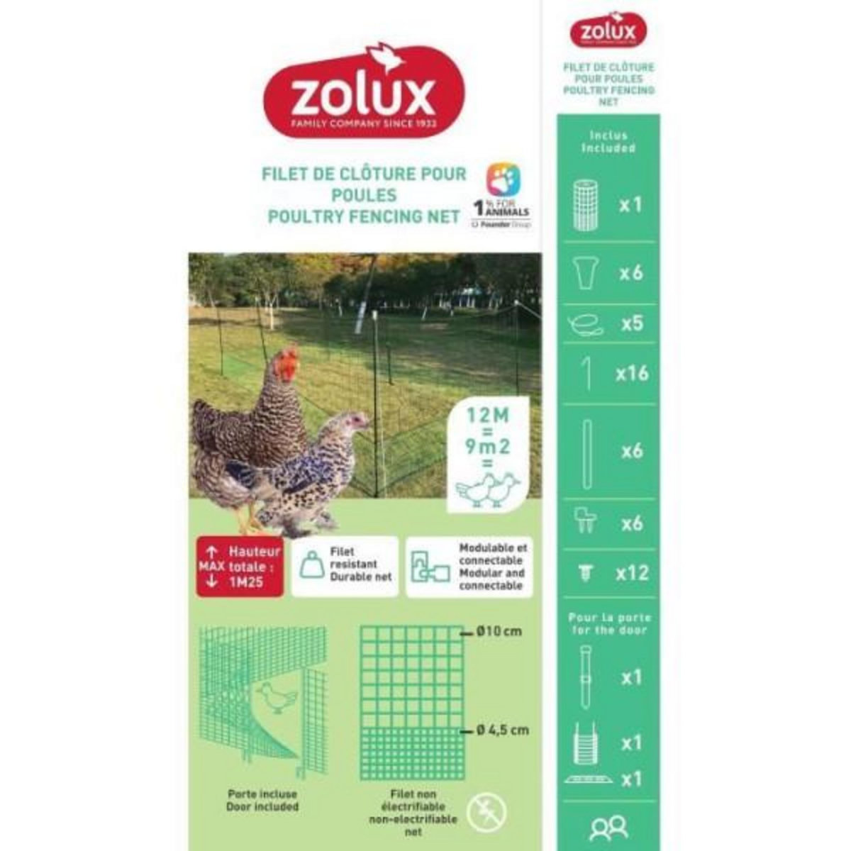 Zolux Kit filet clôtures pour poules - ZOLUX - 12m x 125 cm - Piquets en H - Porte d'acces - Sardines incluses