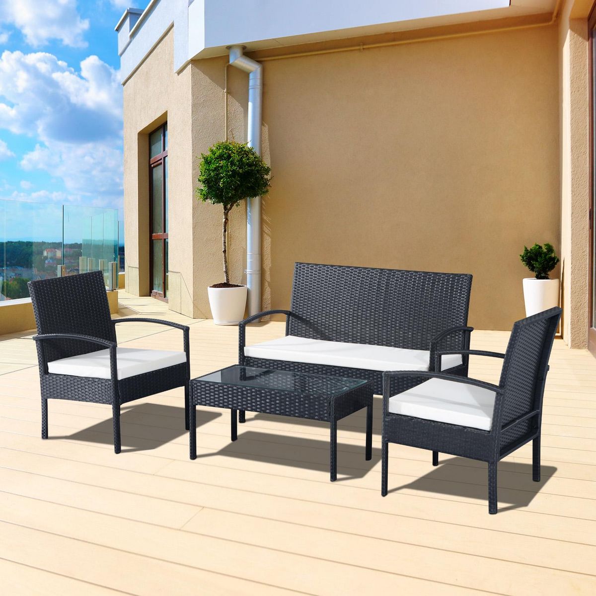 OUTSUNNY Outsunny Ensemble salon de jardin 4 places : canapé, 2 fauteuils et table basse plateau verre trempé résine tressée 4 fils  imitation rotin noir coussins blanc