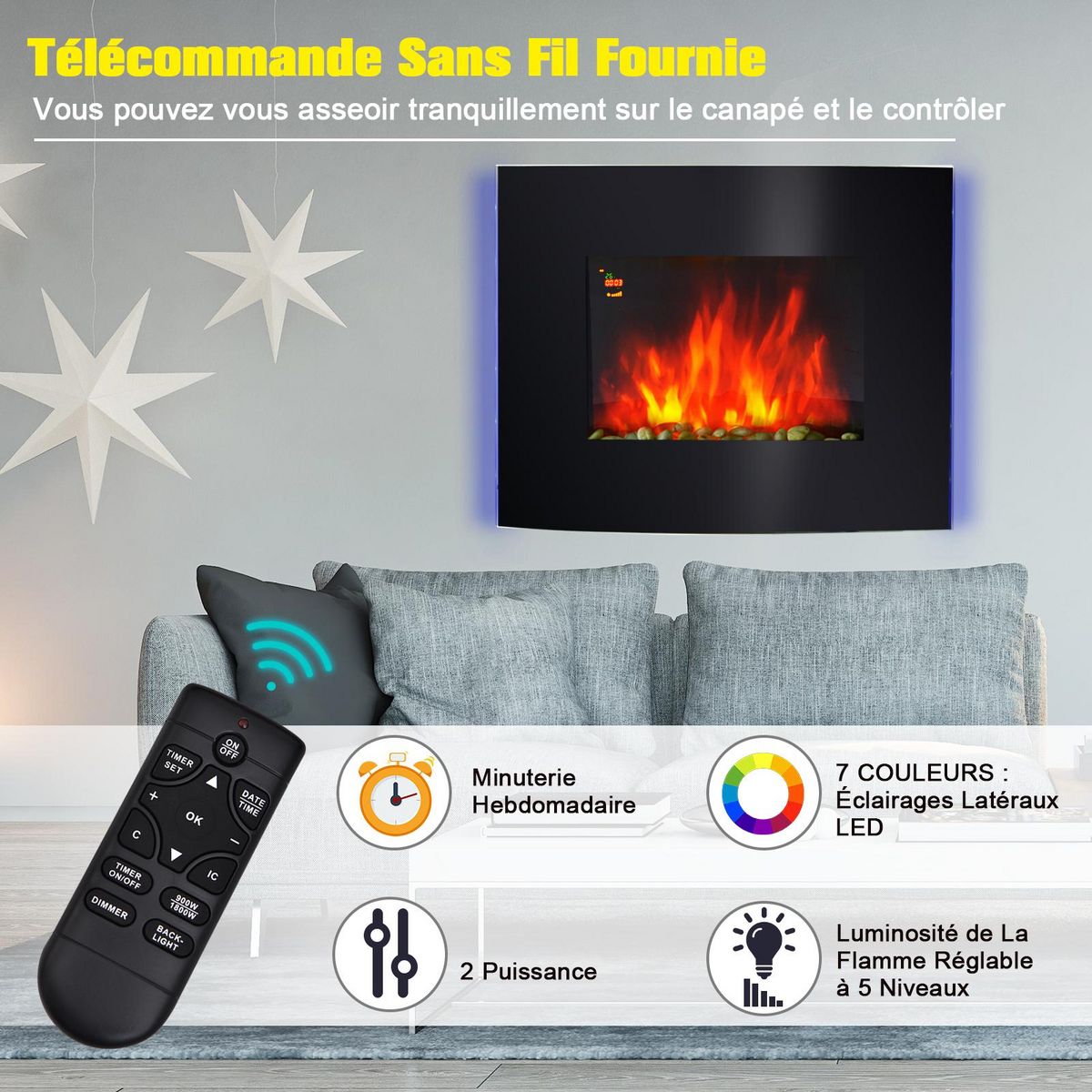 HOMCOM Cheminée électrique murale éclairages latéraux LED design avant-gardiste affichage LED avec télécommande et minuterie 900/1800 W luminosité réglable noir