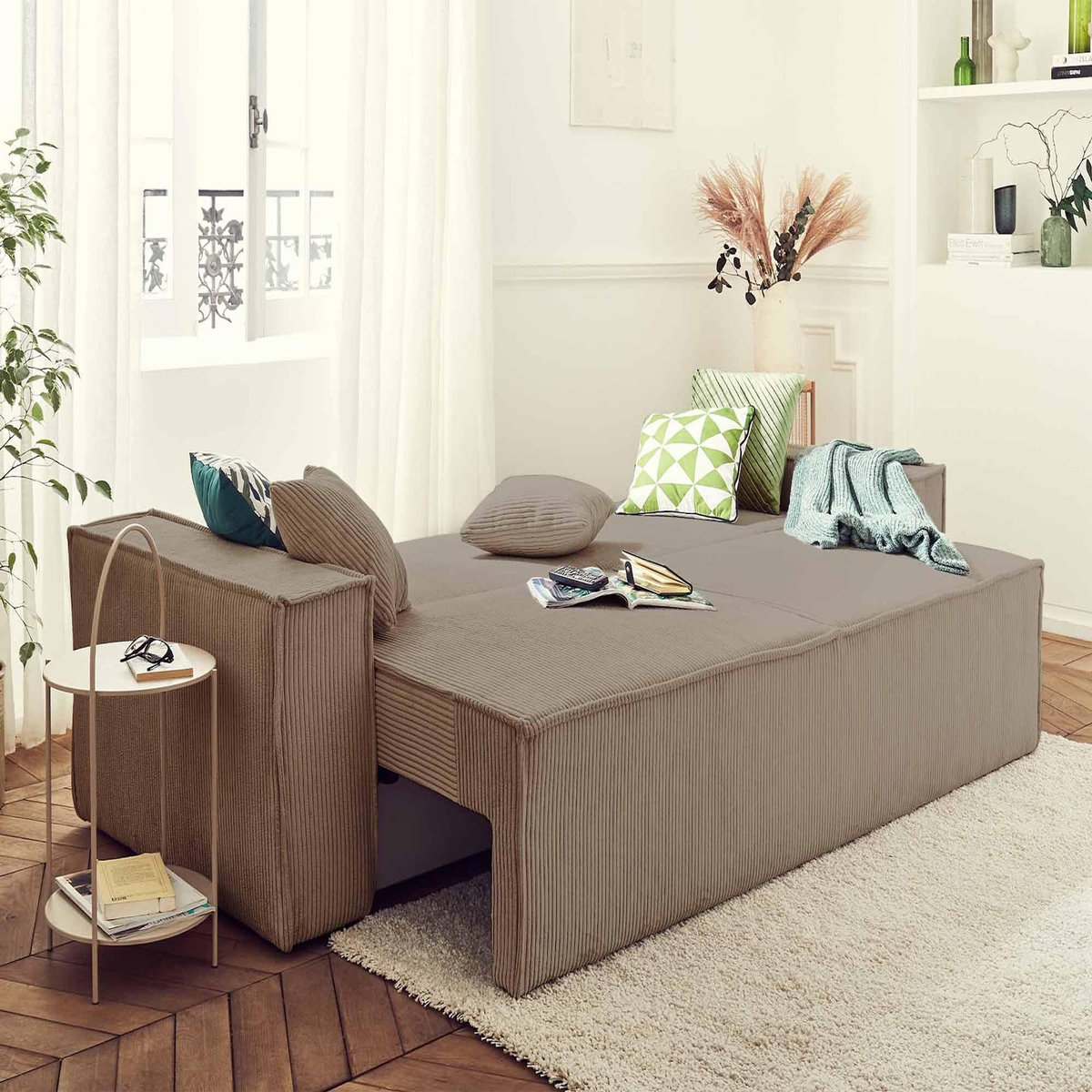 BEST MOBILIER Dellia - canapé 3 places convertible - avec coffre - en velours côtelé - style contemporain