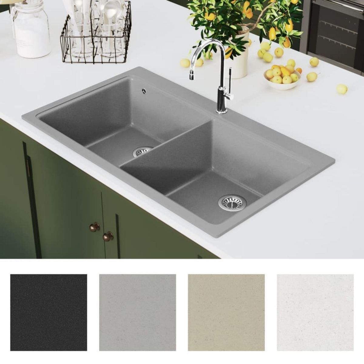 VIDAXL Evier de cuisine encastrable a 2 bacs en granite blanc gris