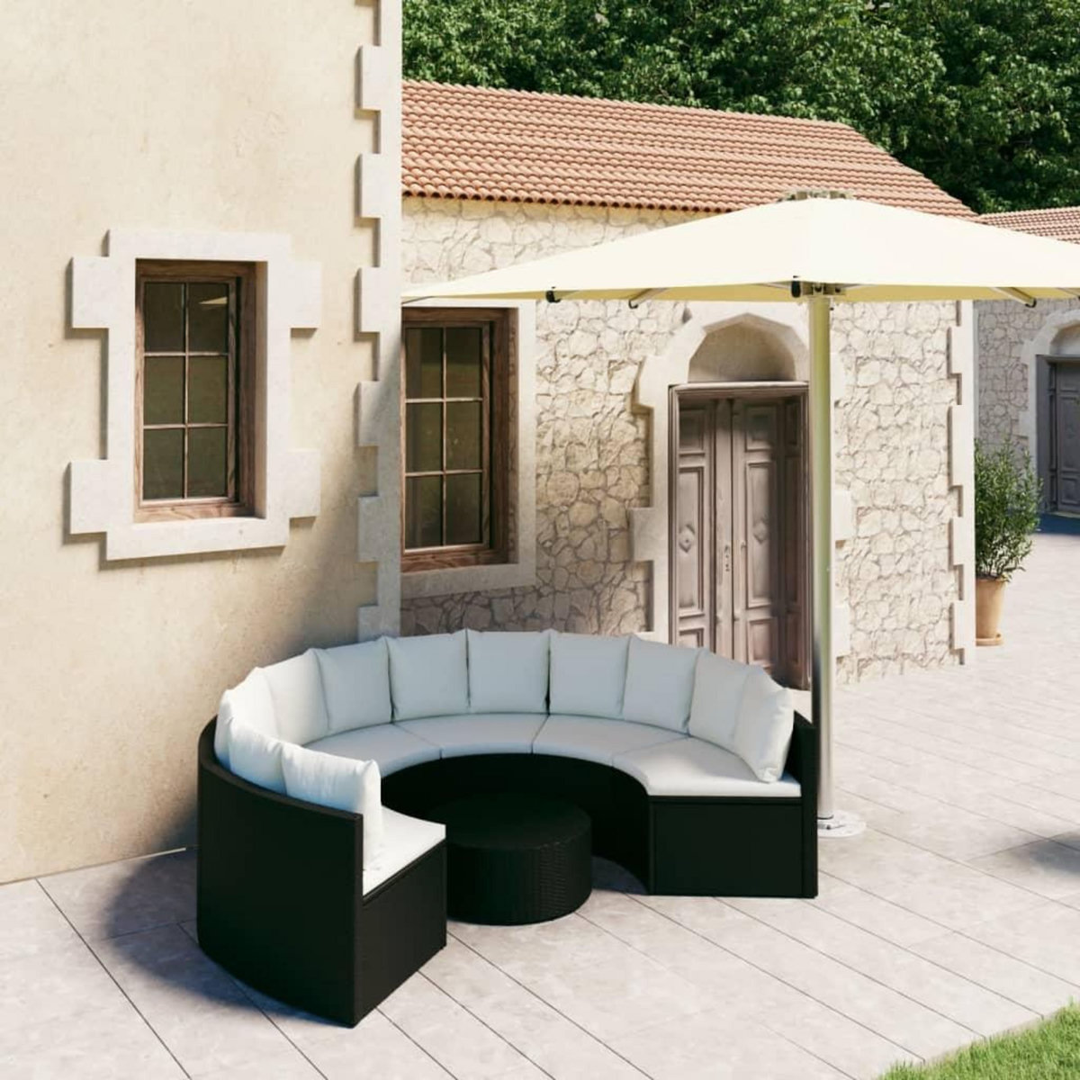 VIDAXL Salon de jardin 7 pcs avec coussins Resine tressee Noir