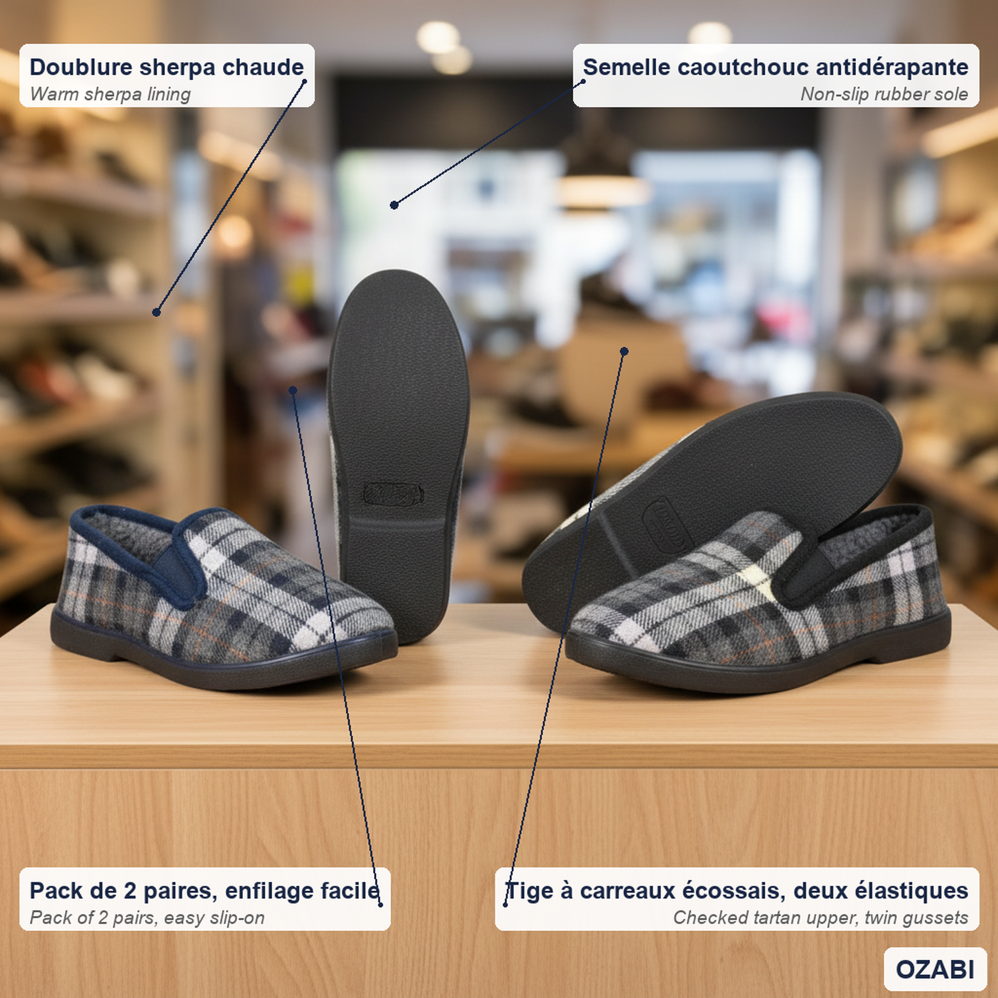 Voir la diapositive 5 : OZABI Ozabi pantoufles charentaises homme pack de 2 paires semelle antidérapante