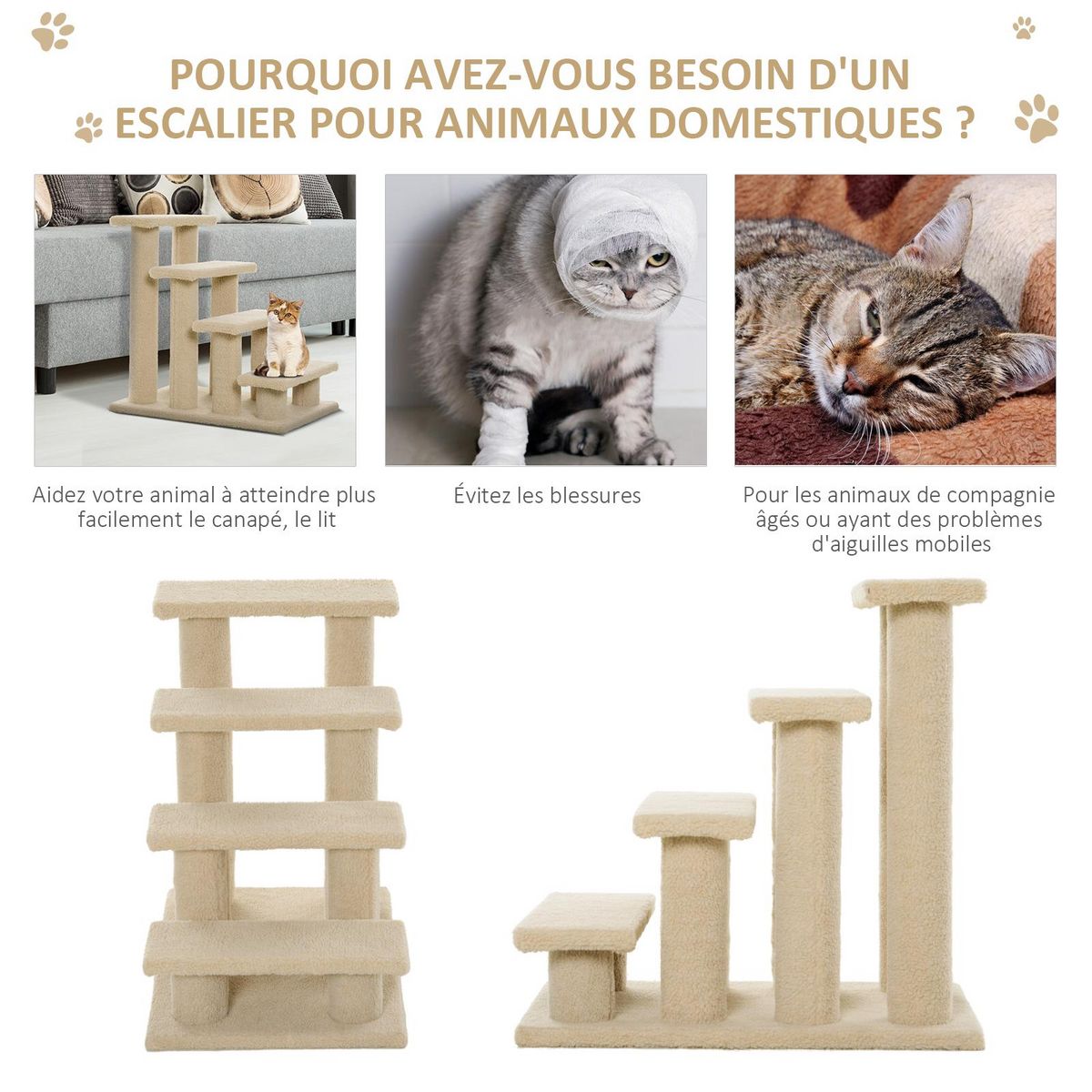 PAWHUT Escalier pour chat - escalier pour chien - 4 marches - revêtement flanelle grande douceur haute densité - structure panneaux particules - beige