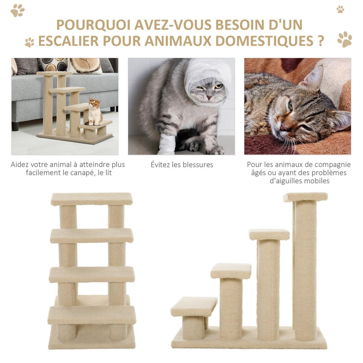 PAWHUT Escalier pour chat - escalier pour chien - 4 marches - revêtement flanelle grande douceur haute densité - structure panneaux particules - beige