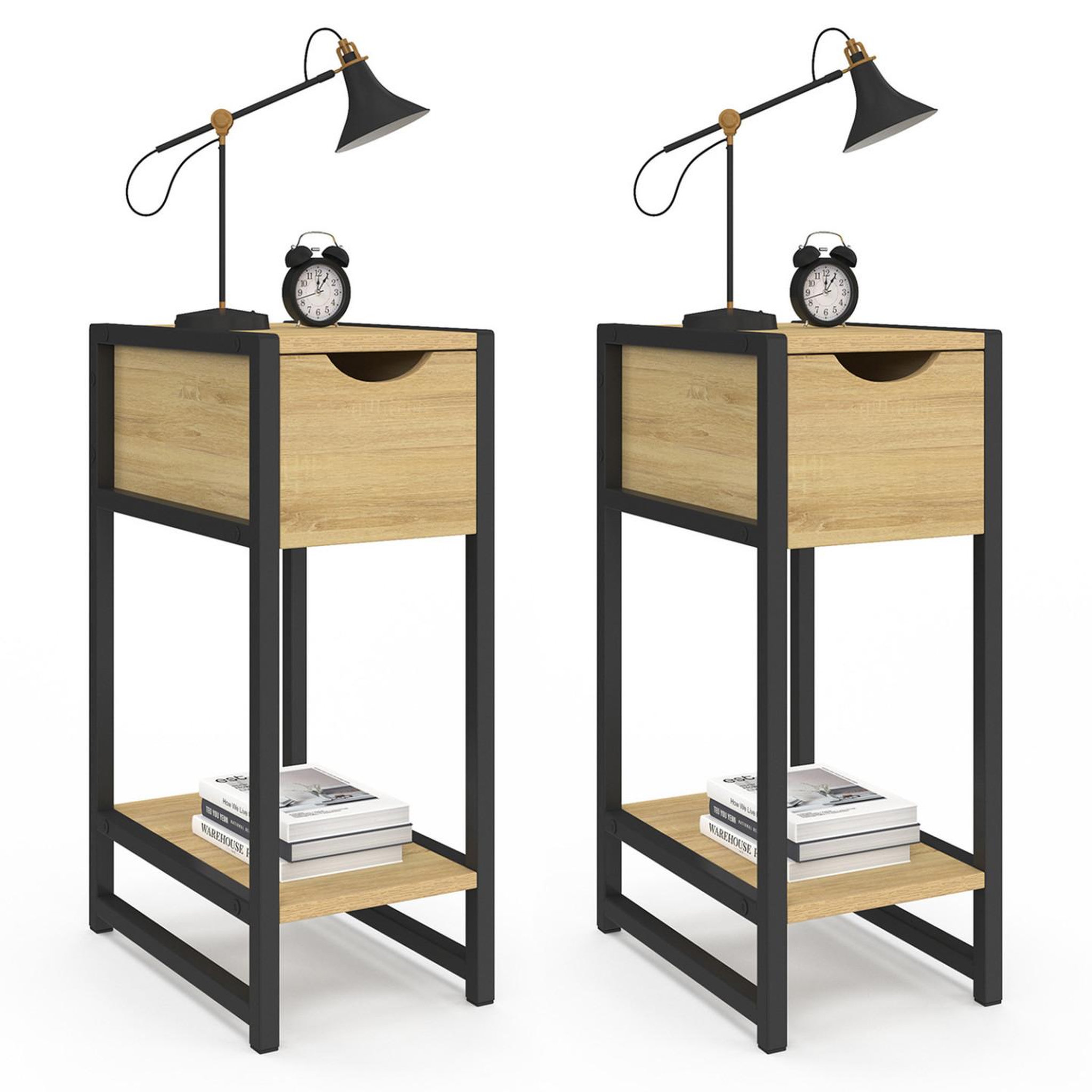 Voir la diapositive 1 : ID MARKET Lot de 2 tables de chevet detroit 1 tiroir avec tablette gain de place bois et métal noir design industriel