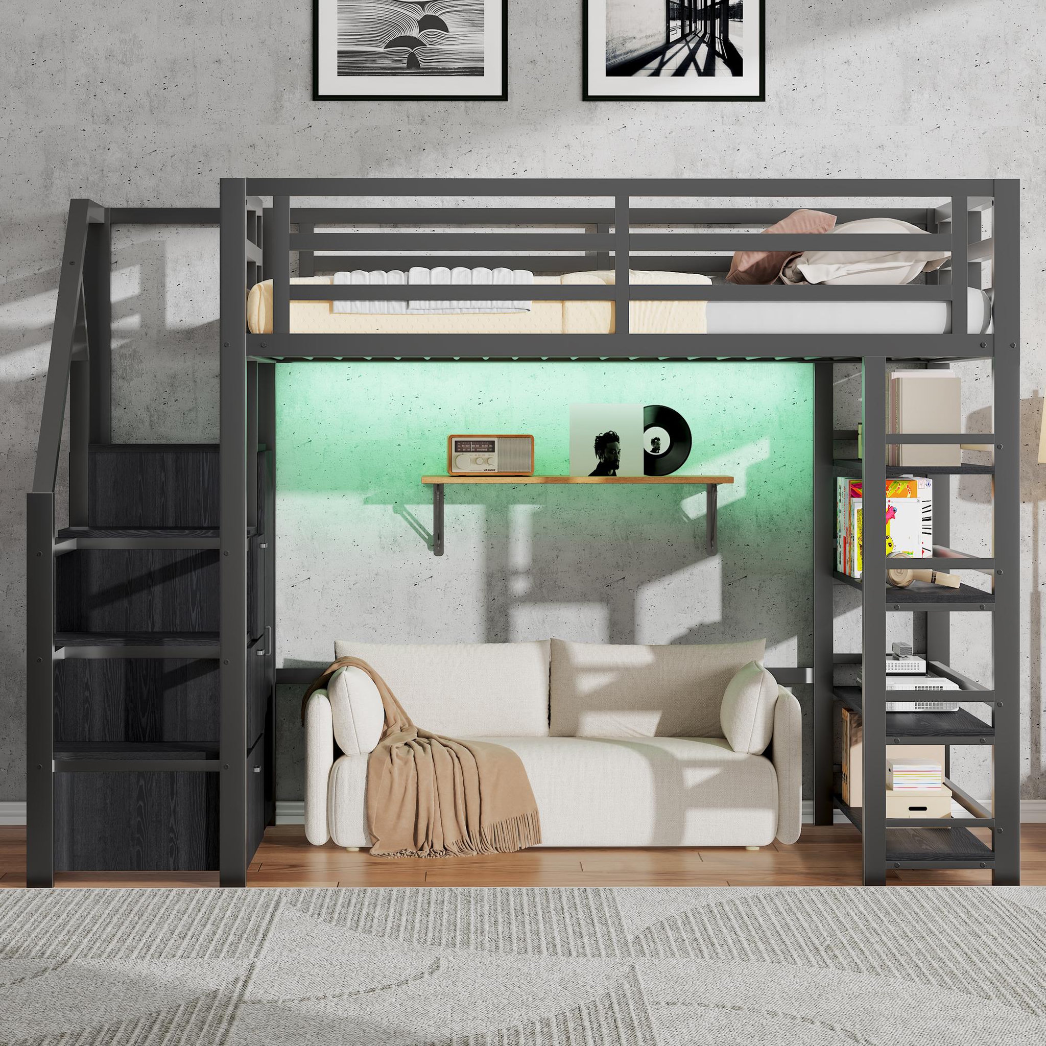 Voir la diapositive 2 : MERAX Lit mezzanine 140x200 cm coloris noir led métal