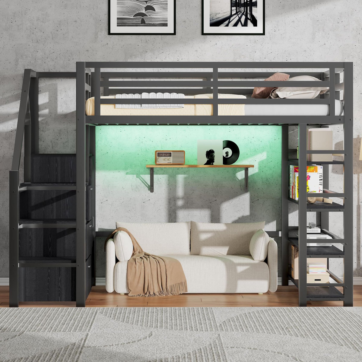 MERAX Lit mezzanine 140x200 cm coloris noir led métal