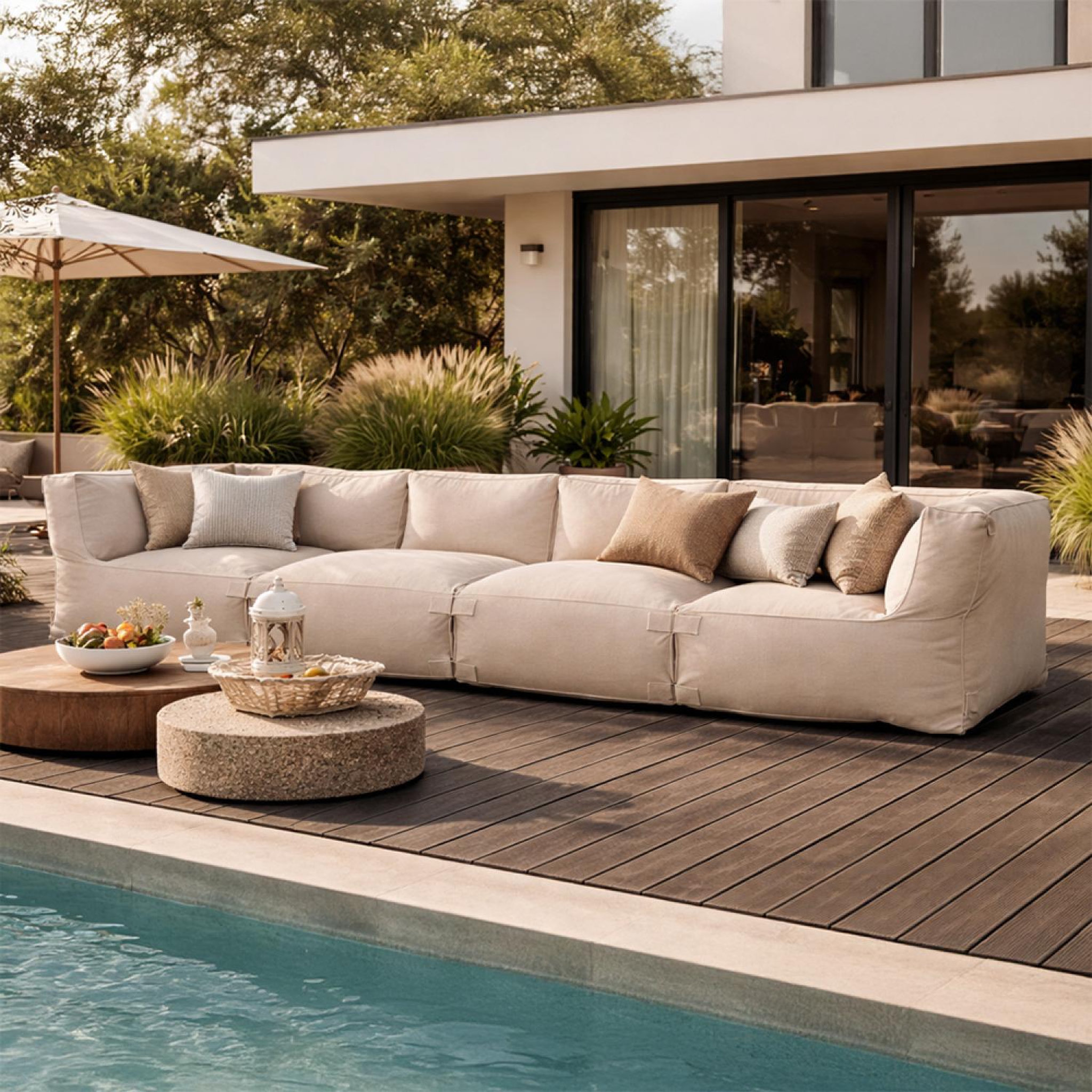 Voir la diapositive 2 : CONCEPT USINE Salon de jardin modulable 4 places beige en tissu déperlant praiano