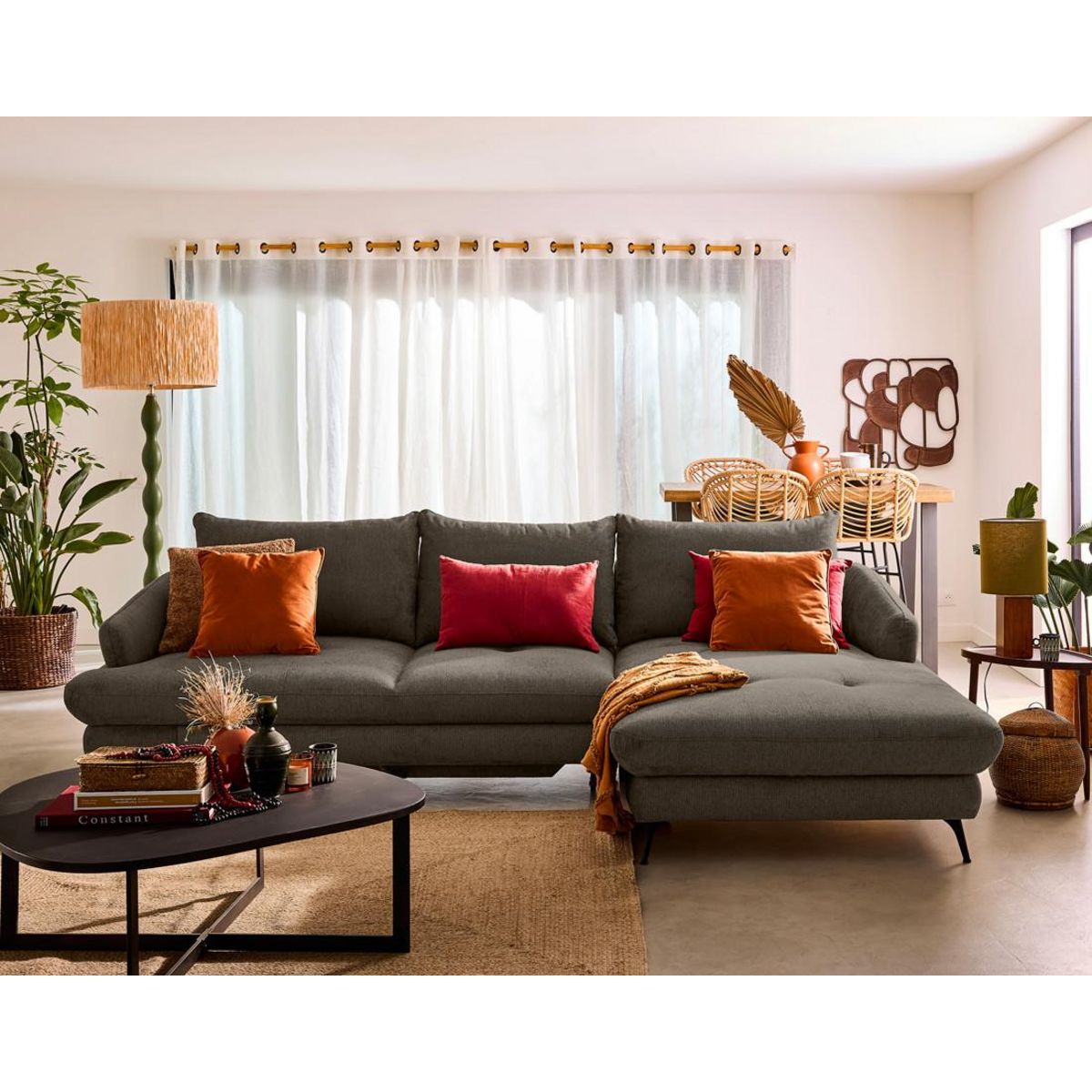 LISA DESIGN Ninon - canapé d'angle droit 4 places convertible avec coffre en tissu texturé