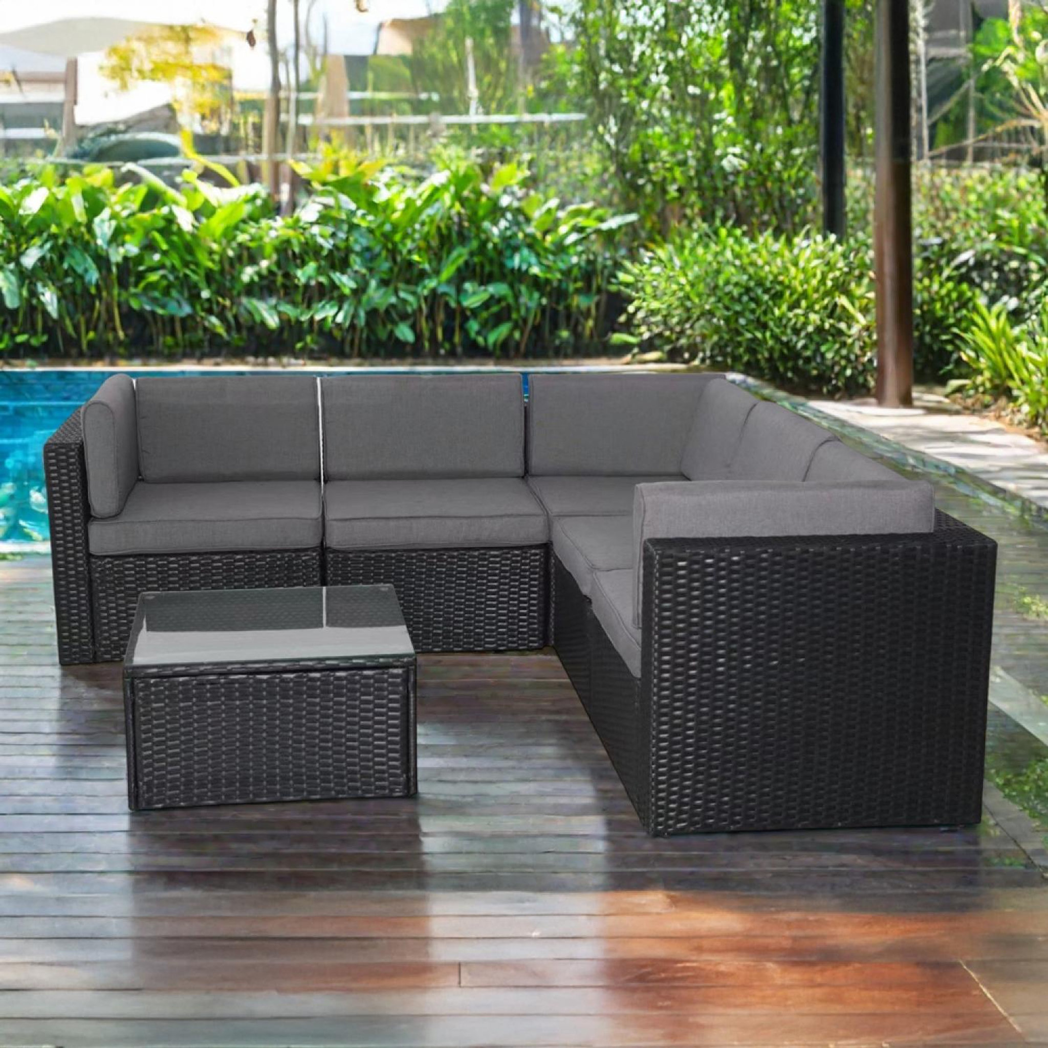 Voir la diapositive 3 : CONCEPT USINE Salon de jardin 5 places en résine tressée avec table noir et gris BIMINI