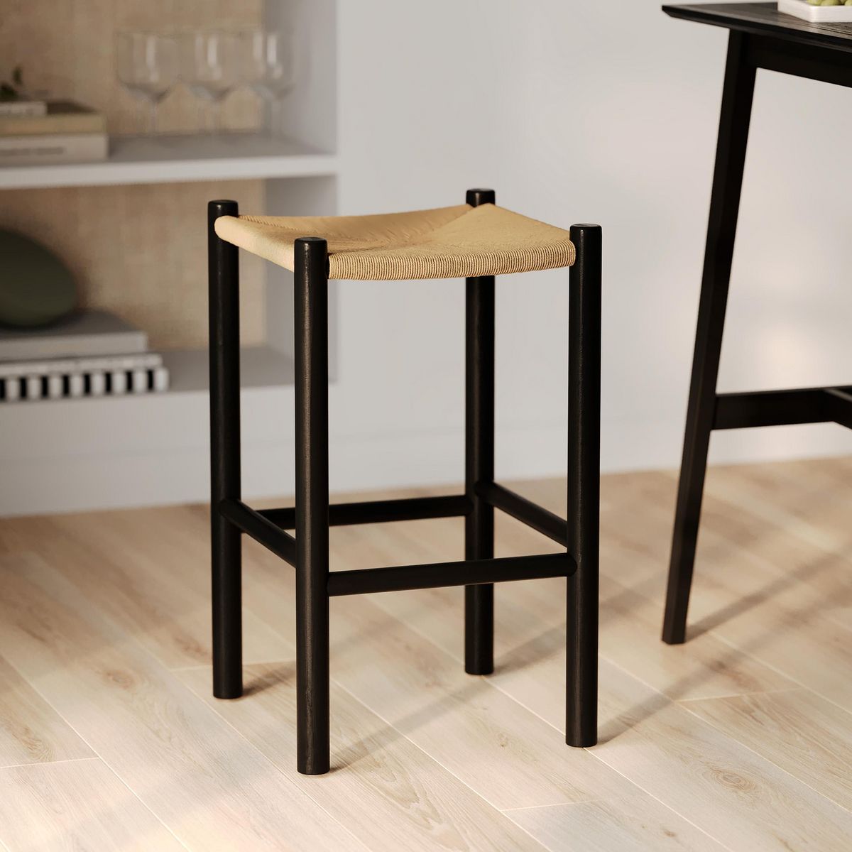 Rendez vous déco Tabouret pour ilot central 65 cm en teck noir et rotin - Kaïa