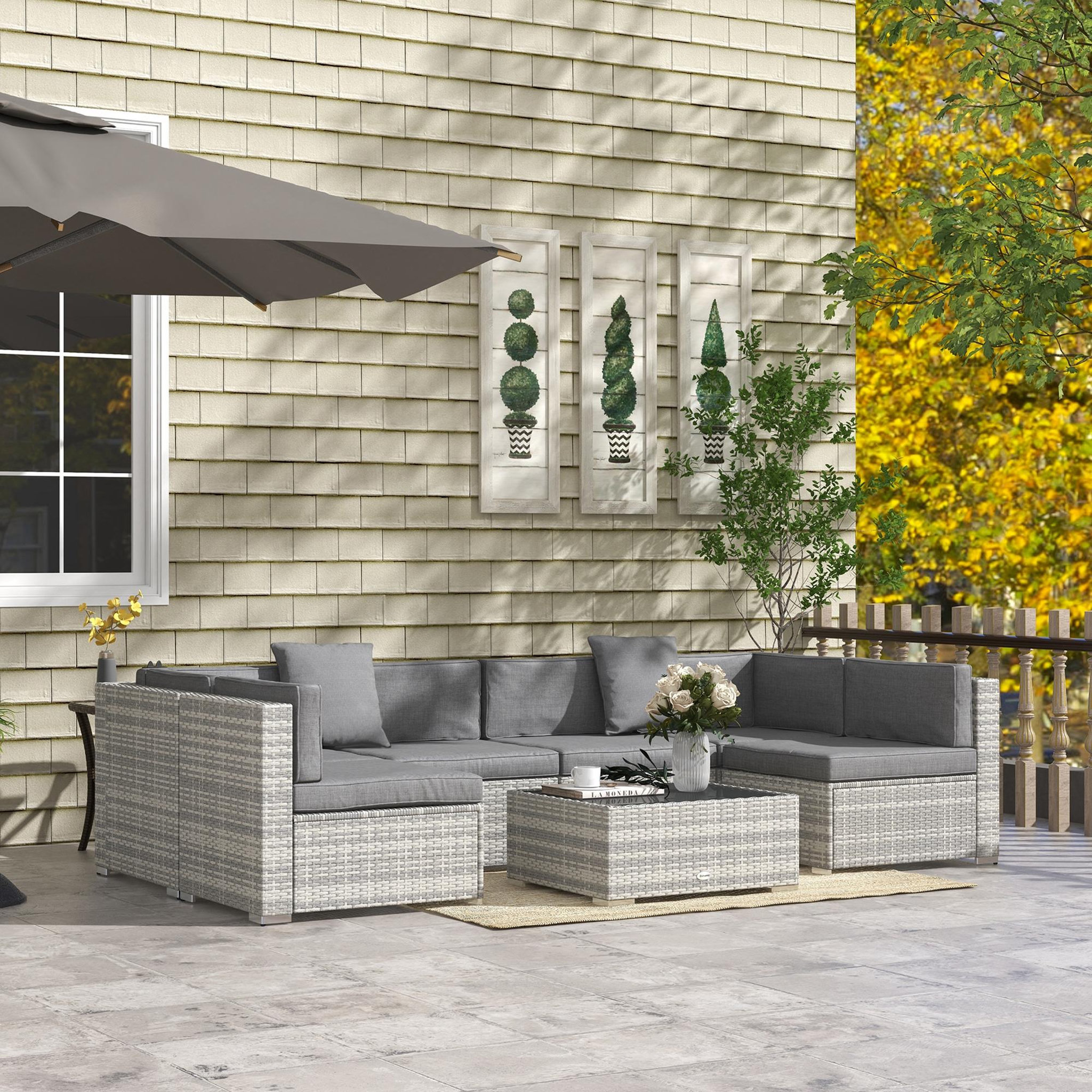 Voir la diapositive 2 : OUTSUNNY Ensemble salon de jardin 7 pièces modulables table basse plateau verre trempé coussins déhoussables inclus résine tressée imitation rotin gris