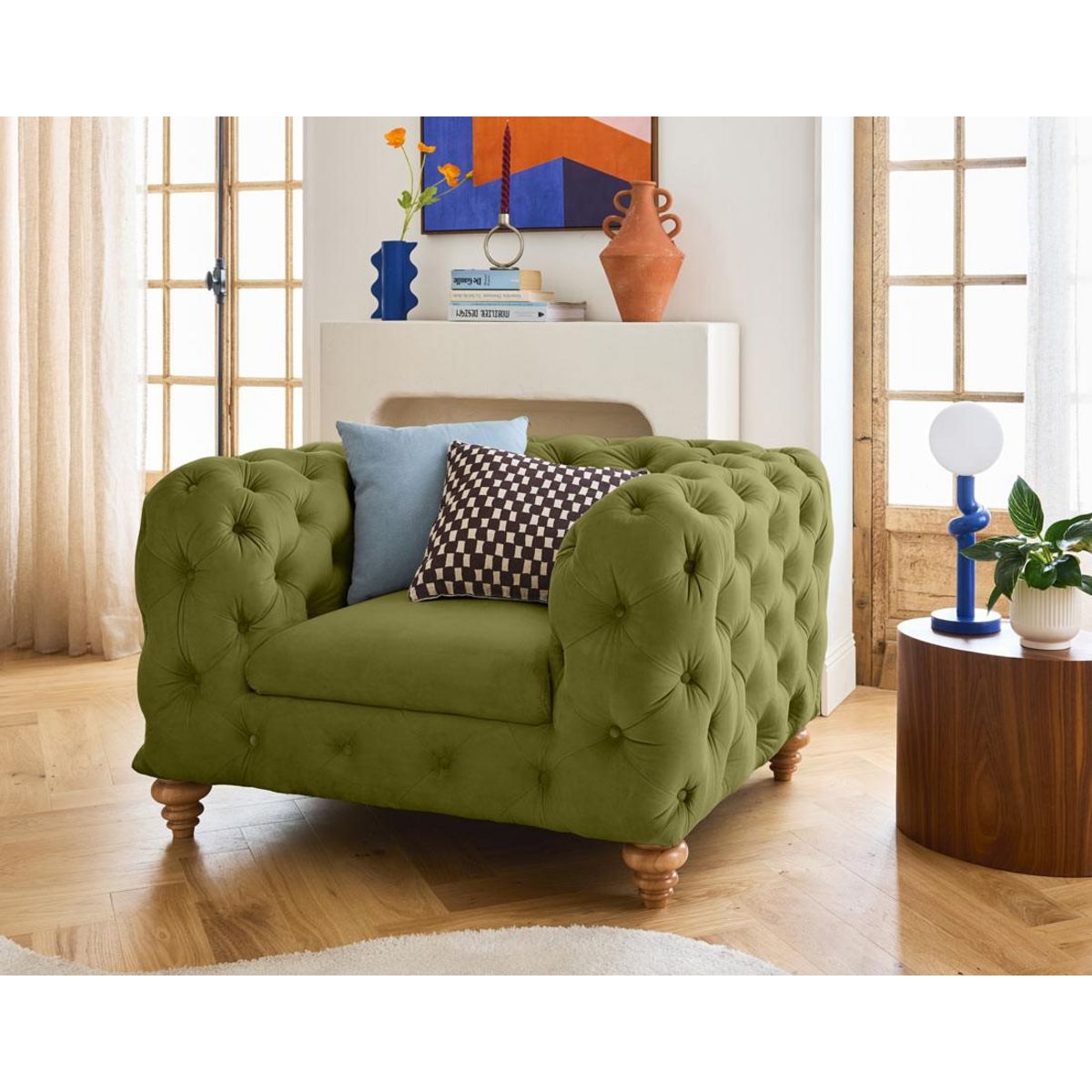 LISA DESIGN Walter - fauteuil chesterfield en velours - pieds bois