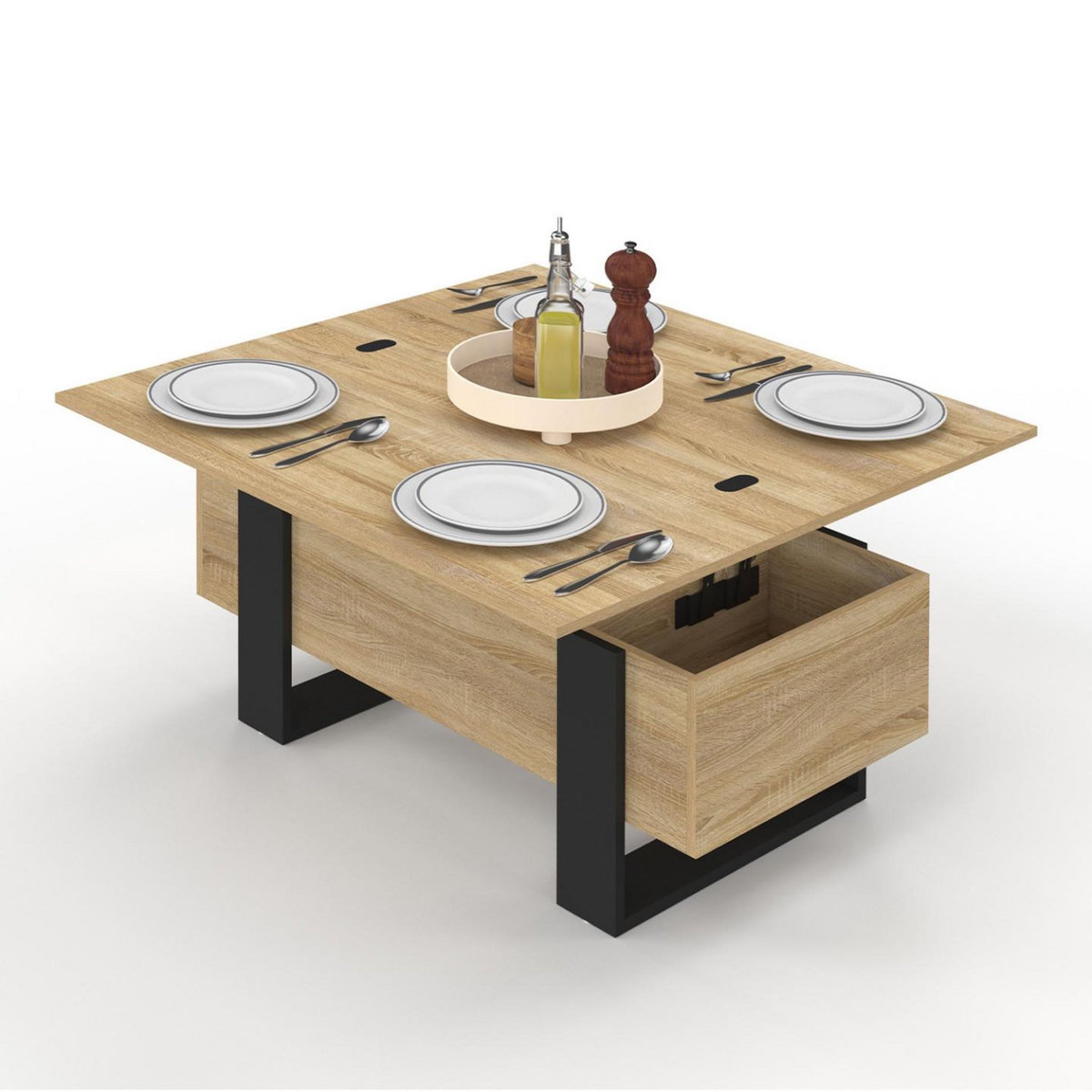 ID MARKET Table basse plateau relevable rectangulaire convertible en table à manger PHOENIX 97,5 cm bois et noir