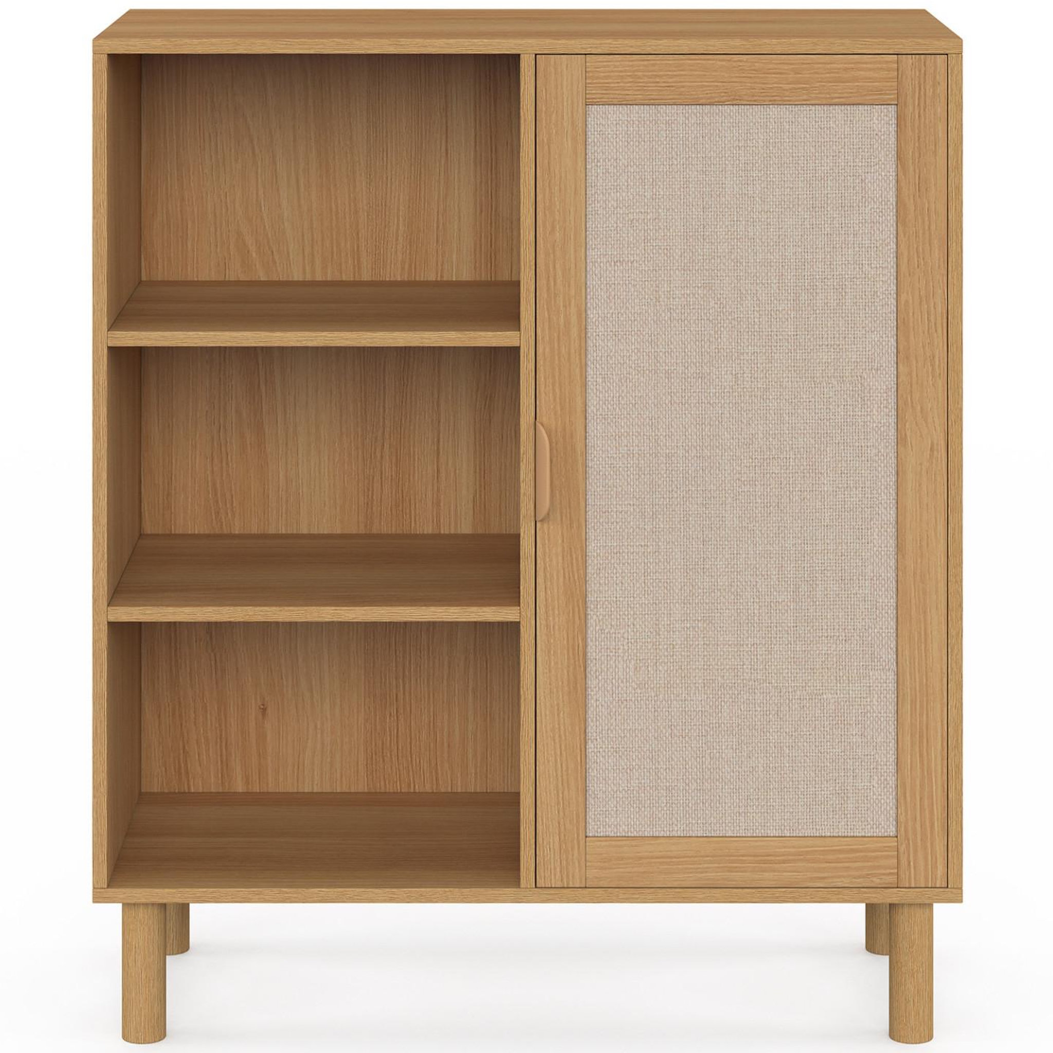 Voir la diapositive 3 : ID MARKET Buffet d'appoint 3 étagères et placard 70 cm ROBIN meuble de rangement bois et tissu effet lin