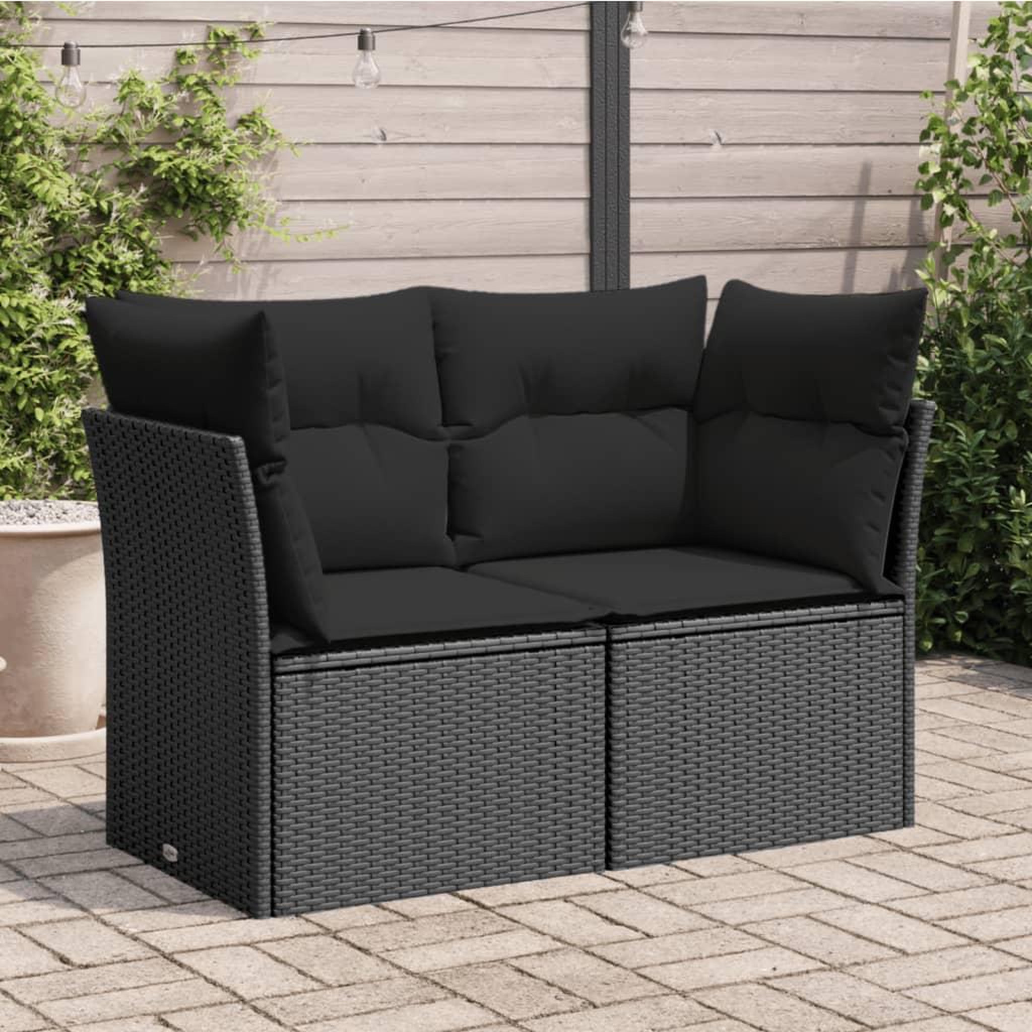 VIDAXL Canape de jardin avec coussins 2 places noir resine tressee