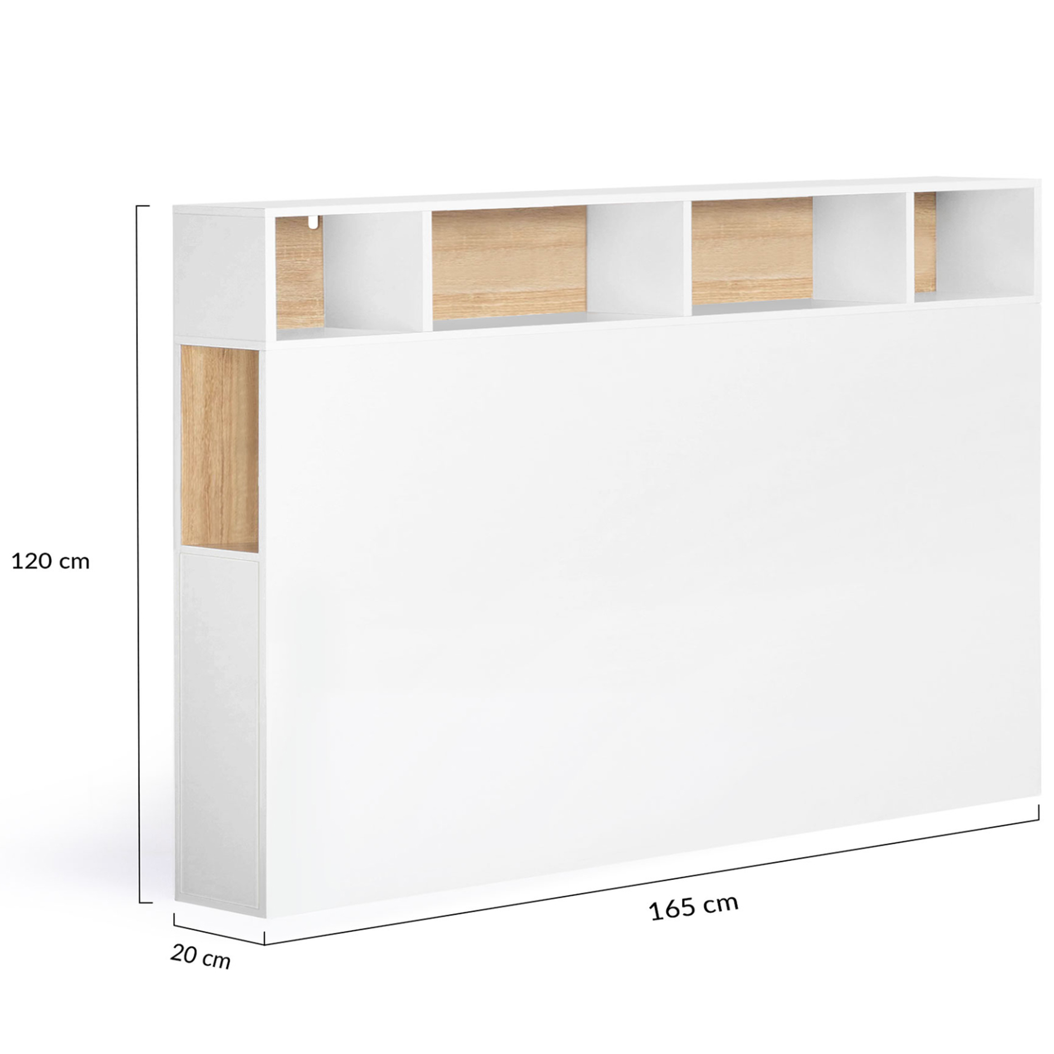 Voir la diapositive 5 : ID MARKET Tête de lit sur pied cleo 165 cm avec rangements fermés et niches blanc et façon hêtre