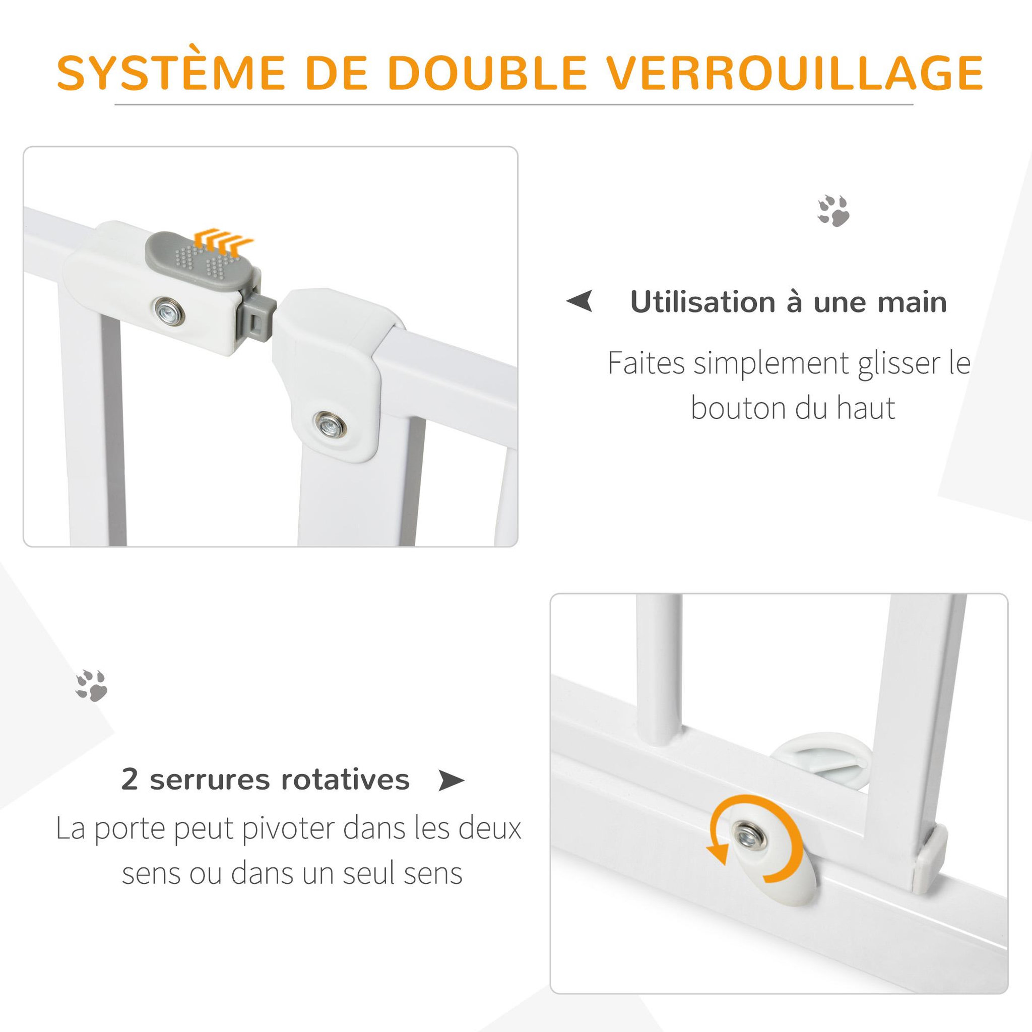Voir la diapositive 4 : PAWHUT Barrière de sécurité barrière pour animal domestique longueur réglable barrière escaliers couloirs portes sans perçage en acier et abs dim. 75-115l x 76h cm blanc