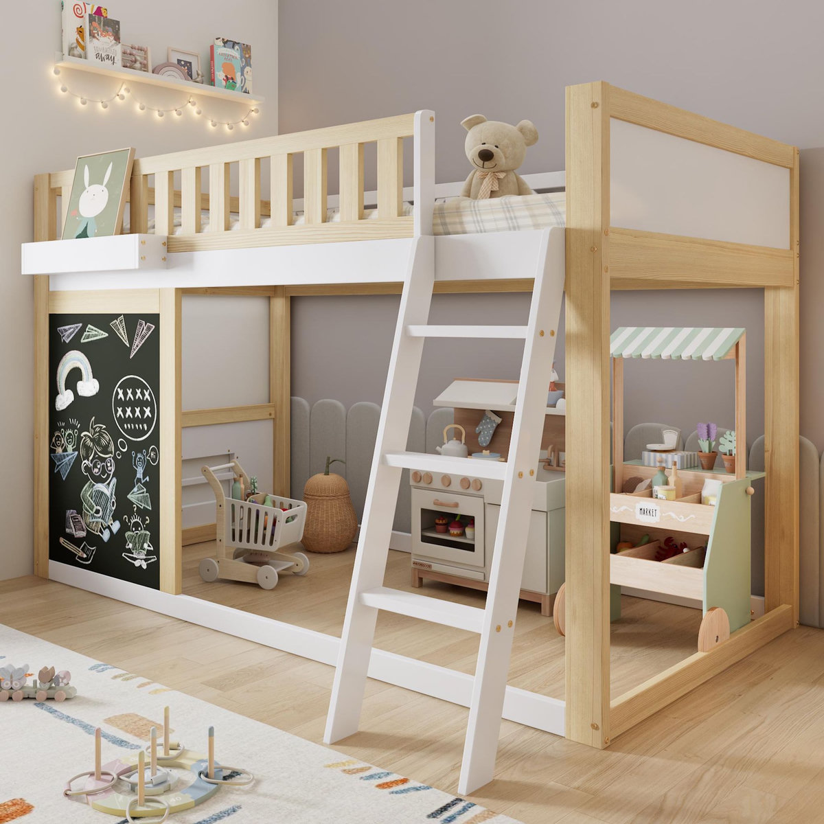 MERAX Lit superposé 90x200 cm coloris naturel+blanc pin