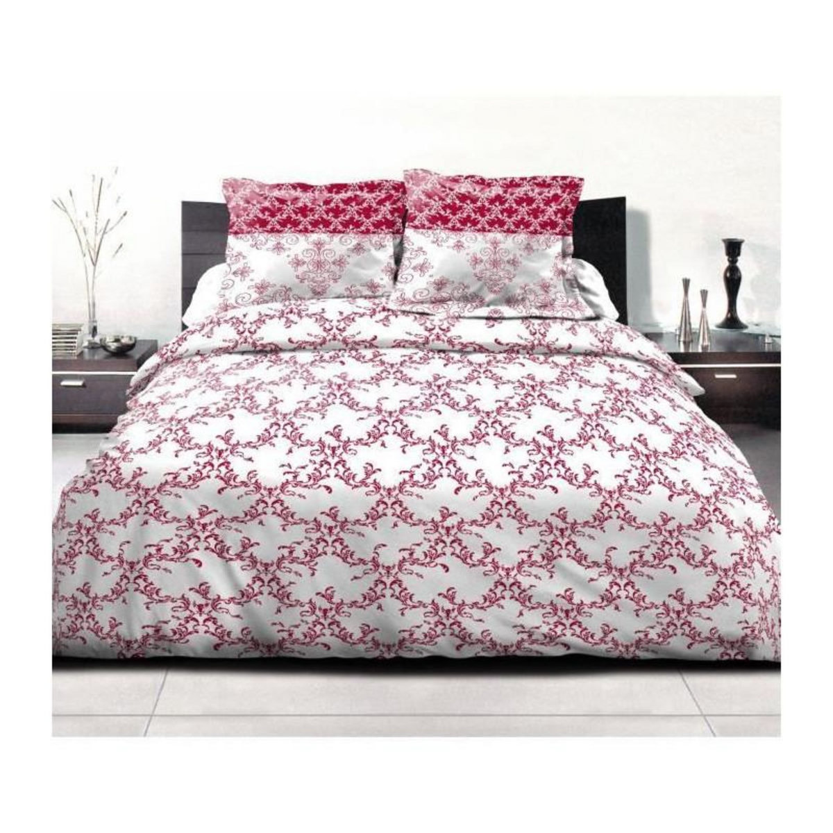 HOME LINGE PASSION Parure de couette 240x260 cm HOME LINGE PASSION FRISE : Housse de couette + 2 taies d'oreiller - 100% Coton 57 Fils - Bordeaux