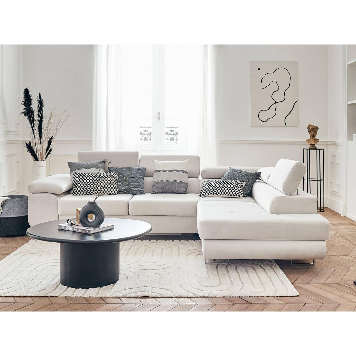 BEST MOBILIER Pablo - canapé d'angle droit - 5 places - convertible avec coffre et têtières réglables - en velours