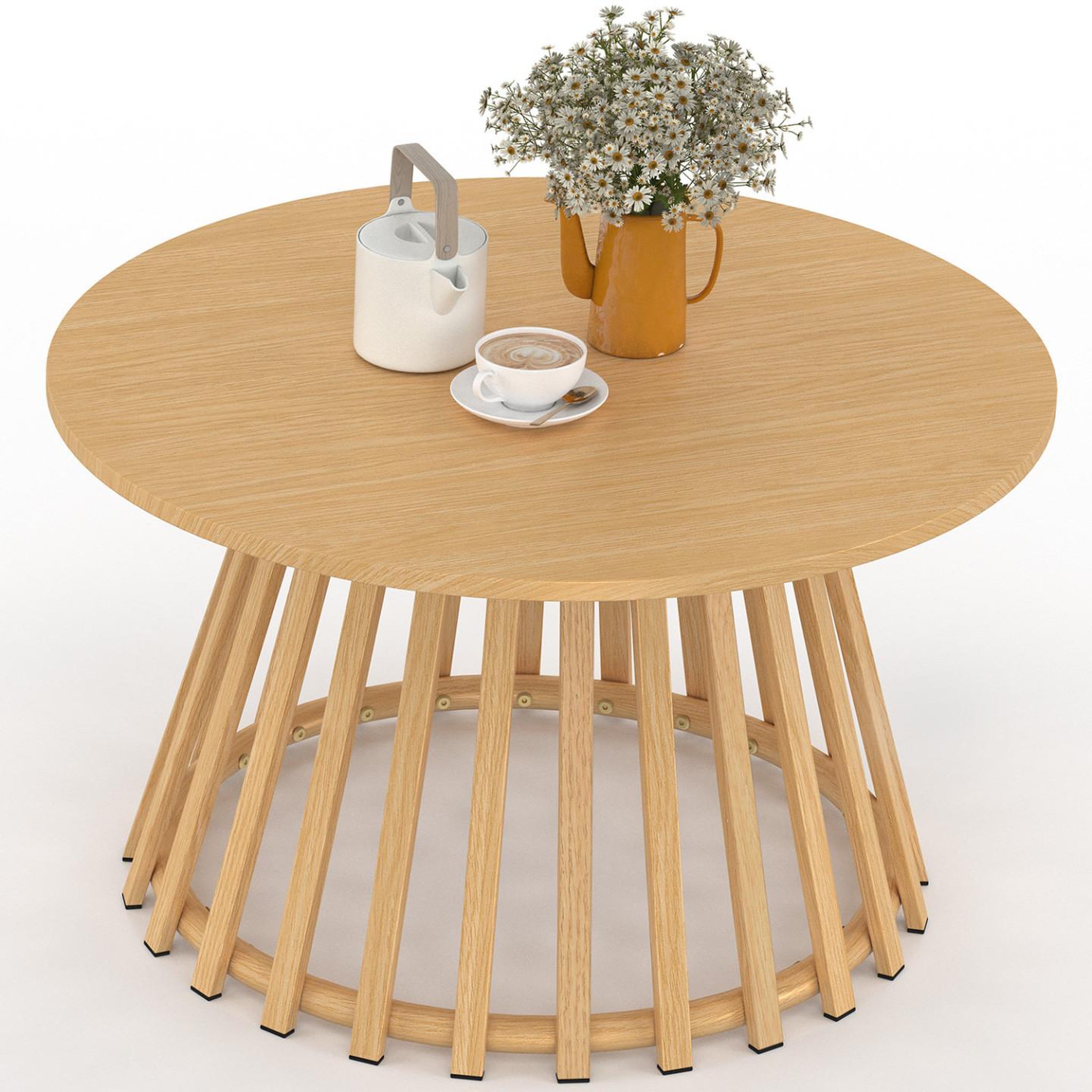 ID MARKET Table basse de jardin ronde 70 cm SOLAL avec pied lattes en métal effet bois