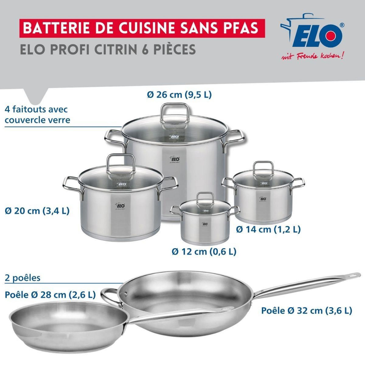 666 Barcelona Ensemble de 2 Poêles de cuisson 28 et 32 cm et 4 faitouts 12, 14, 20 et 26 cm Elo Profi Citrin