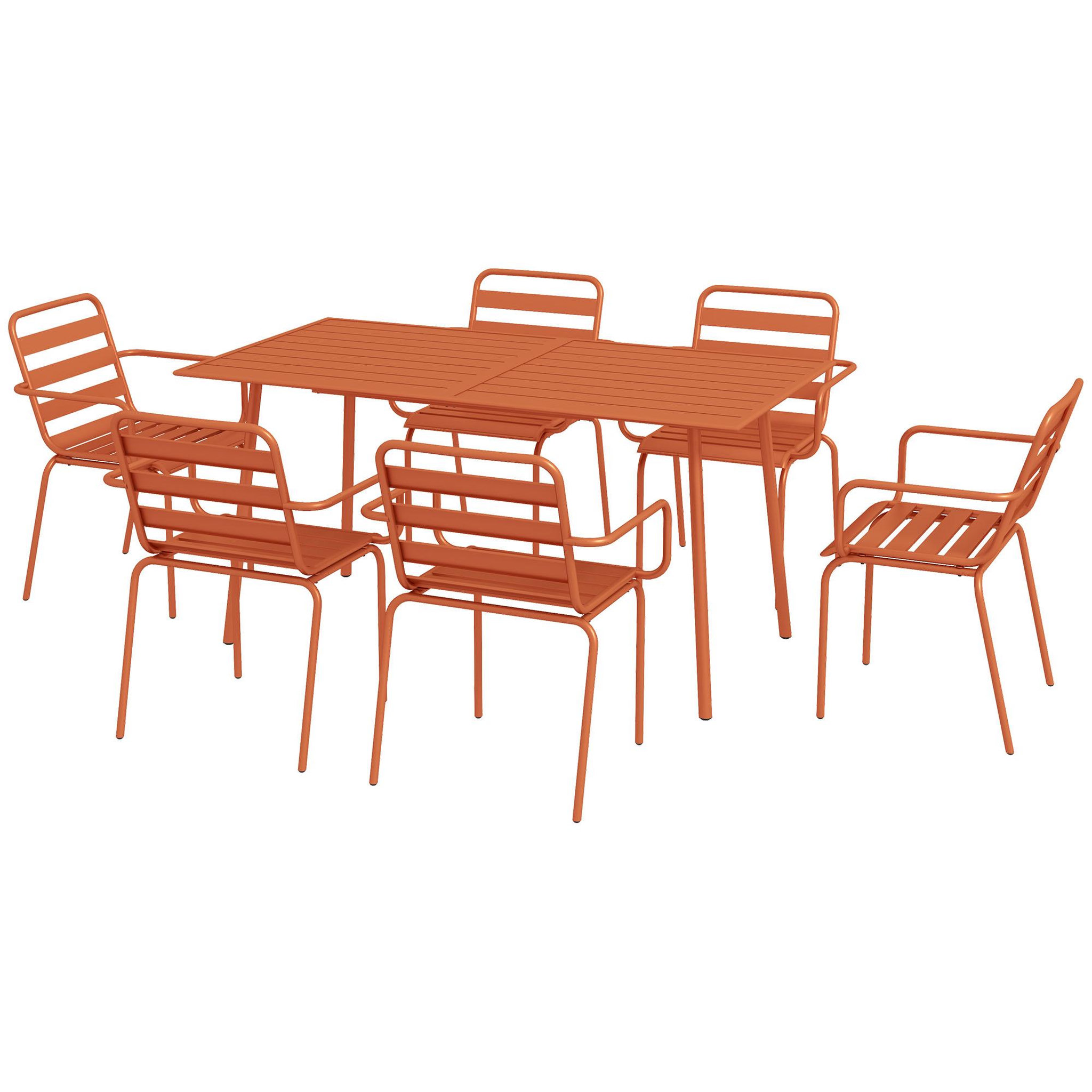 Voir la diapositive 1 : OUTSUNNY Salon de jardin 6 places 7 pièces - table à manger 6 chaises empilables - acier thermolaqué terre battue