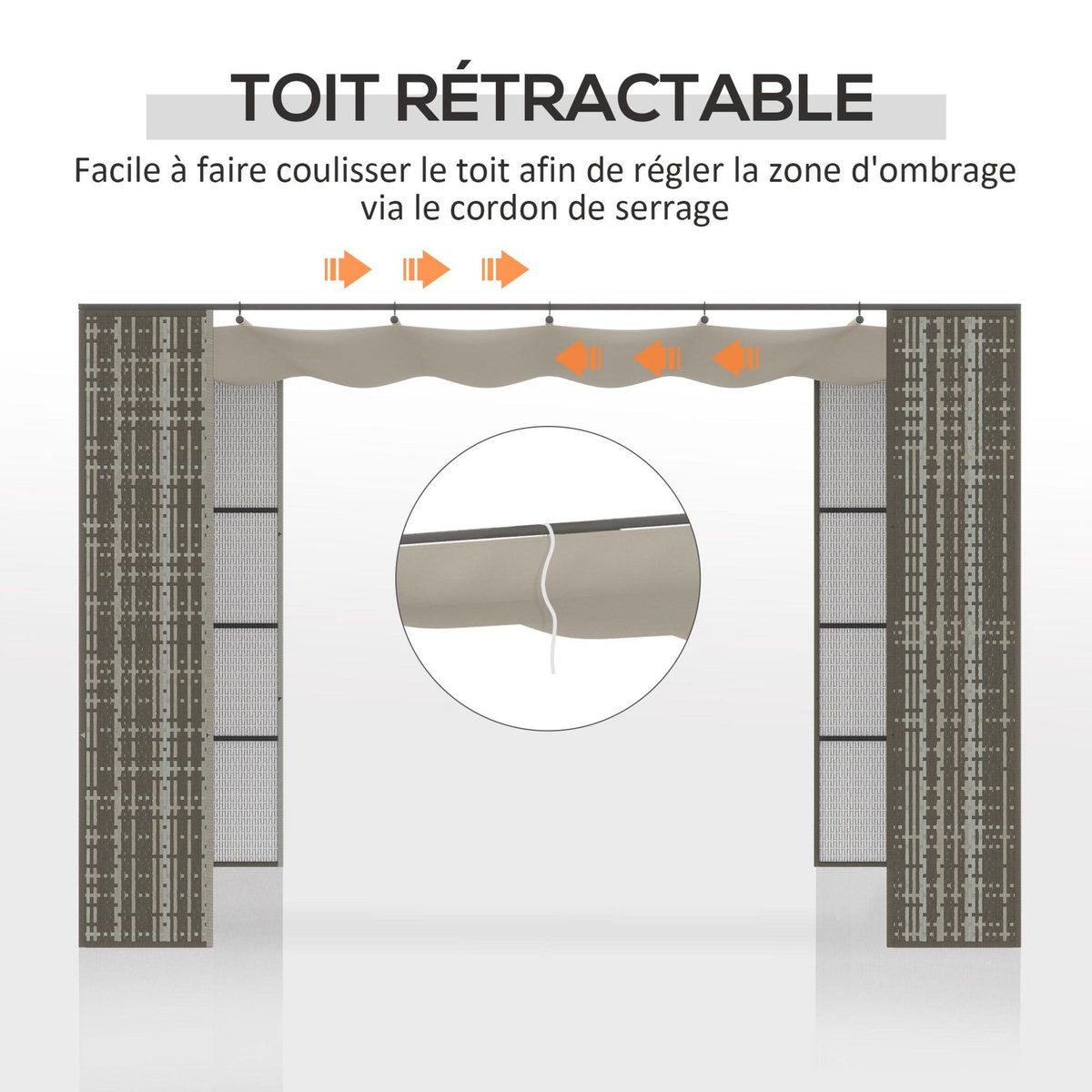 OUTSUNNY Pergola rétractable style colonial dim. 2,98L x 2,98l x 2H m métal époxy anticorrosion résine tressée grise toile polyester haute densité 180 g/m² crème