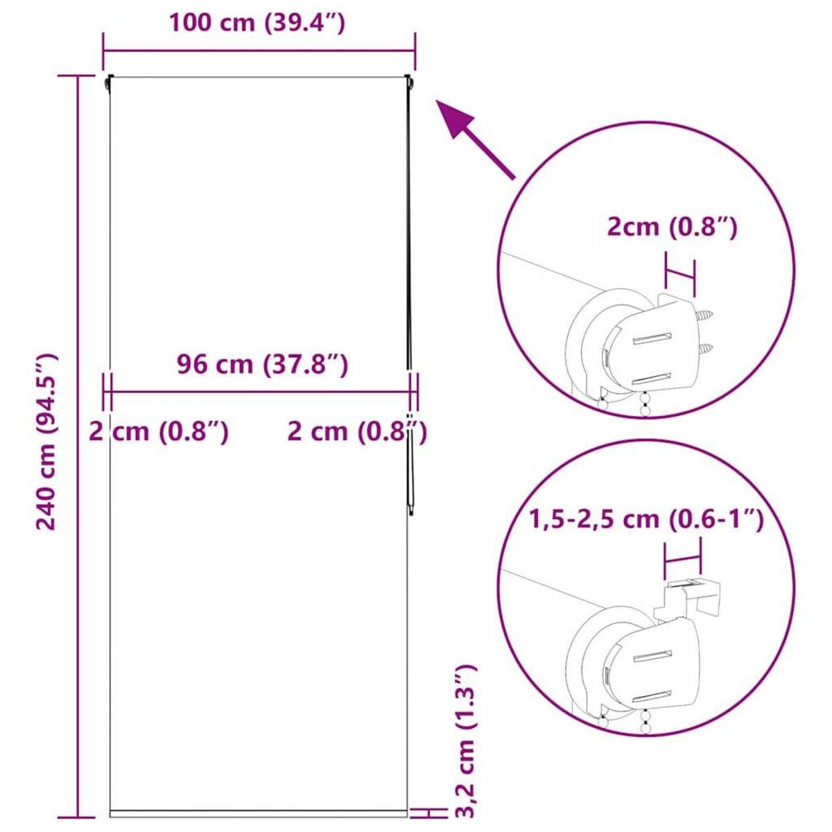 VIDAXL Store enrouleur de douche 100x240 cm largeur du tissu 96 cm