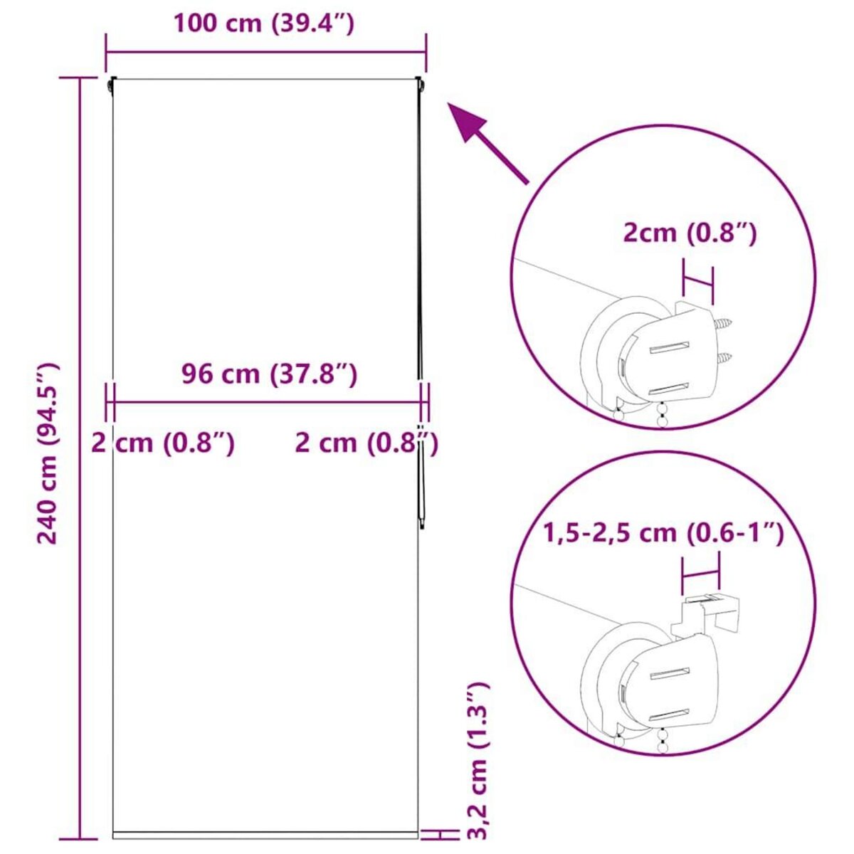 VIDAXL Store enrouleur de douche 100x240 cm largeur du tissu 96 cm