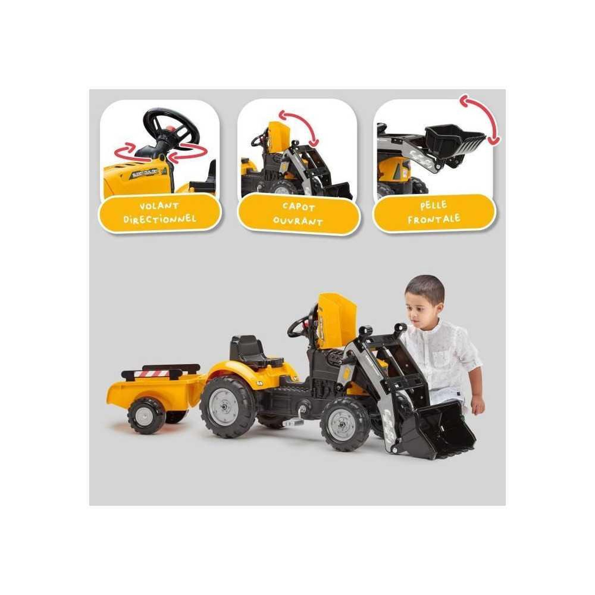 Voir la diapositive 3 : FALK Tractopelle a pédales SuperBuilder - FALK - Volant directionnel, Remorque - Fabriqué en France, 40% de plastique recyclé - De