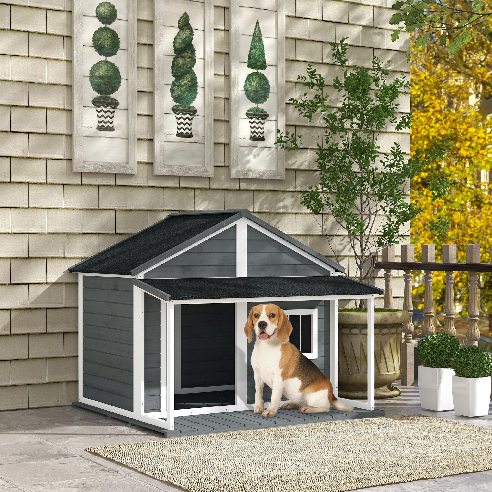 Voir la diapositive 6 : PAWHUT Niche pour chien extérieur terrasse et toit bitumé bois gris