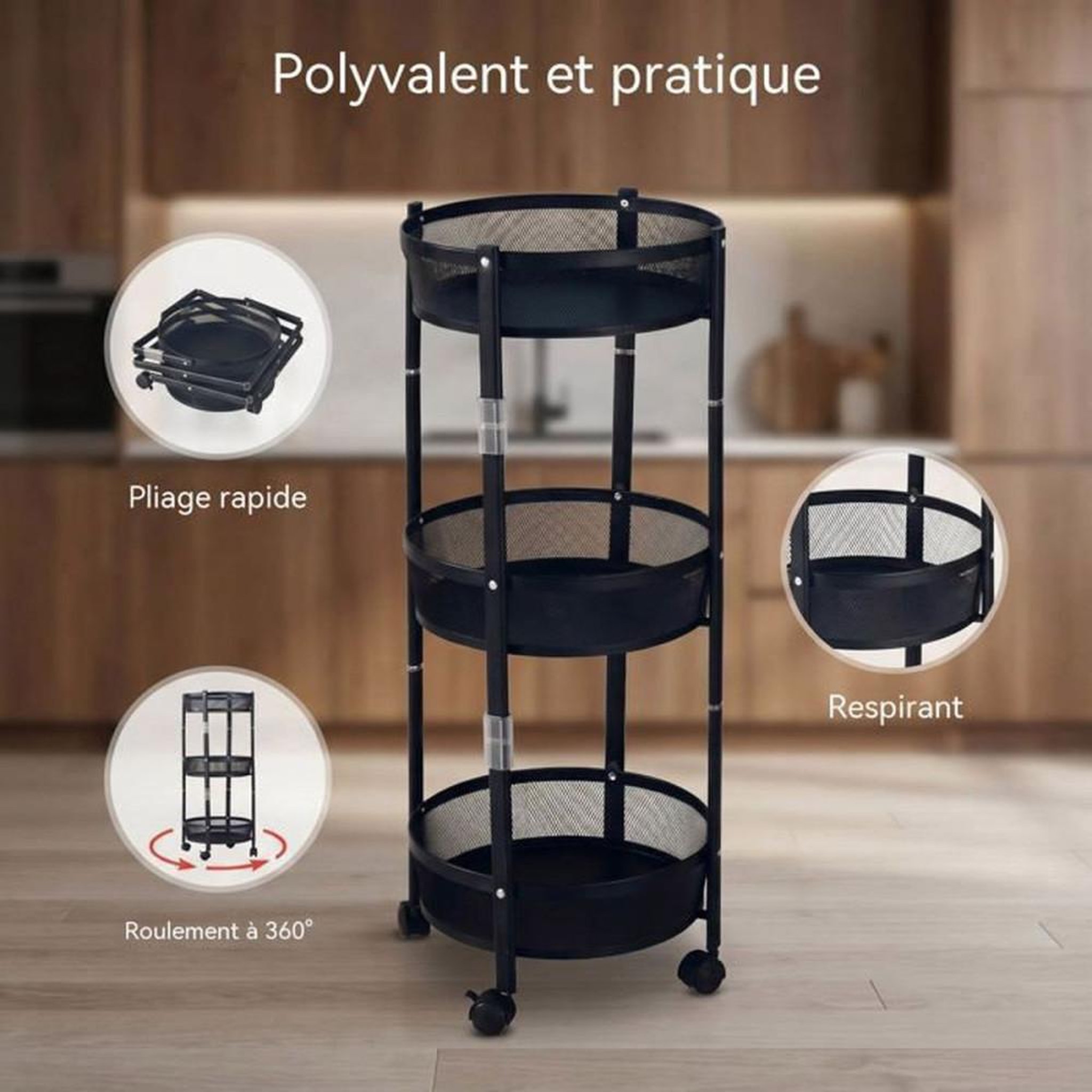 Voir la diapositive 2 : Chariot de rangement rond pliable 3 niveaux en acier noir, paniers grillagés, roulettes 360°