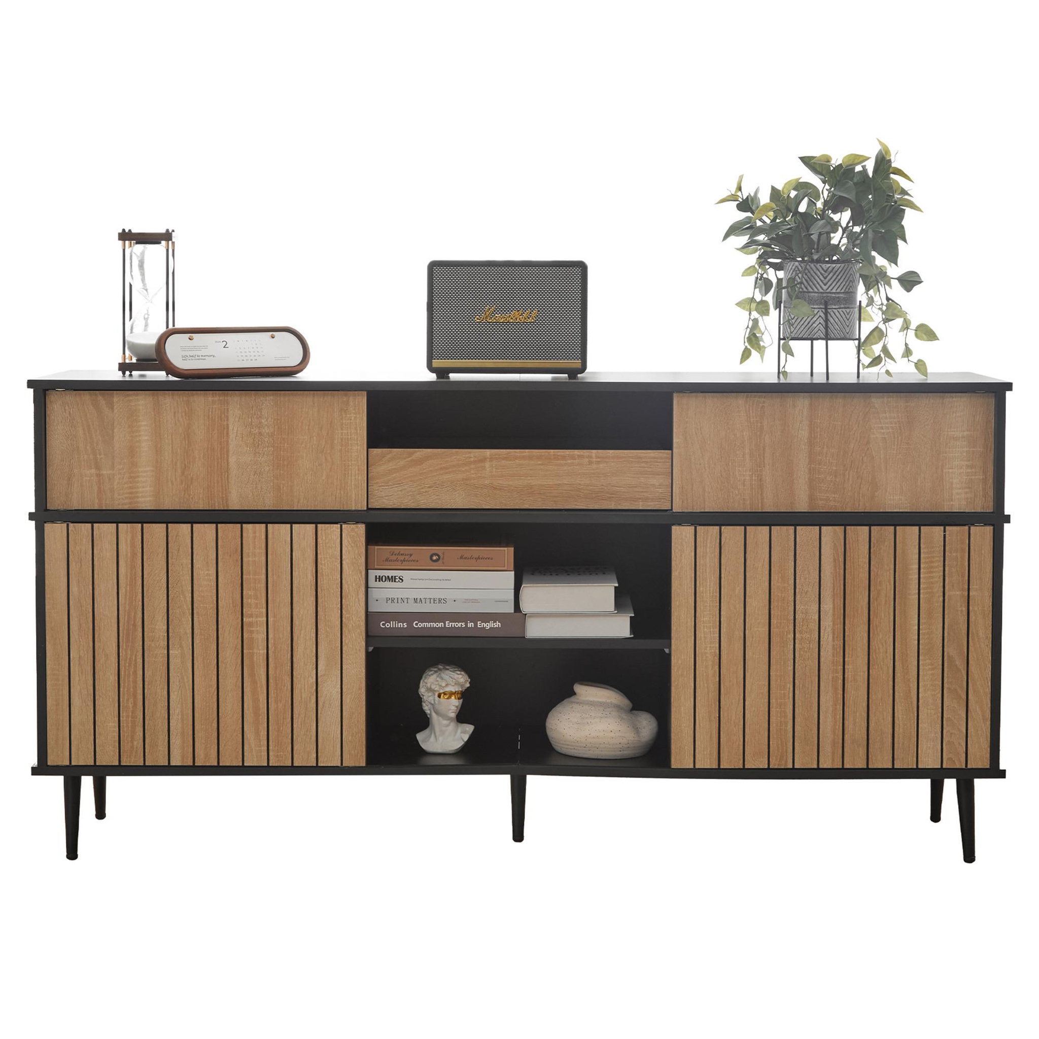 MERAX Buffet de cuisine 4 portes 1 tiroir - 160 cm noir+naturel panneau de particules