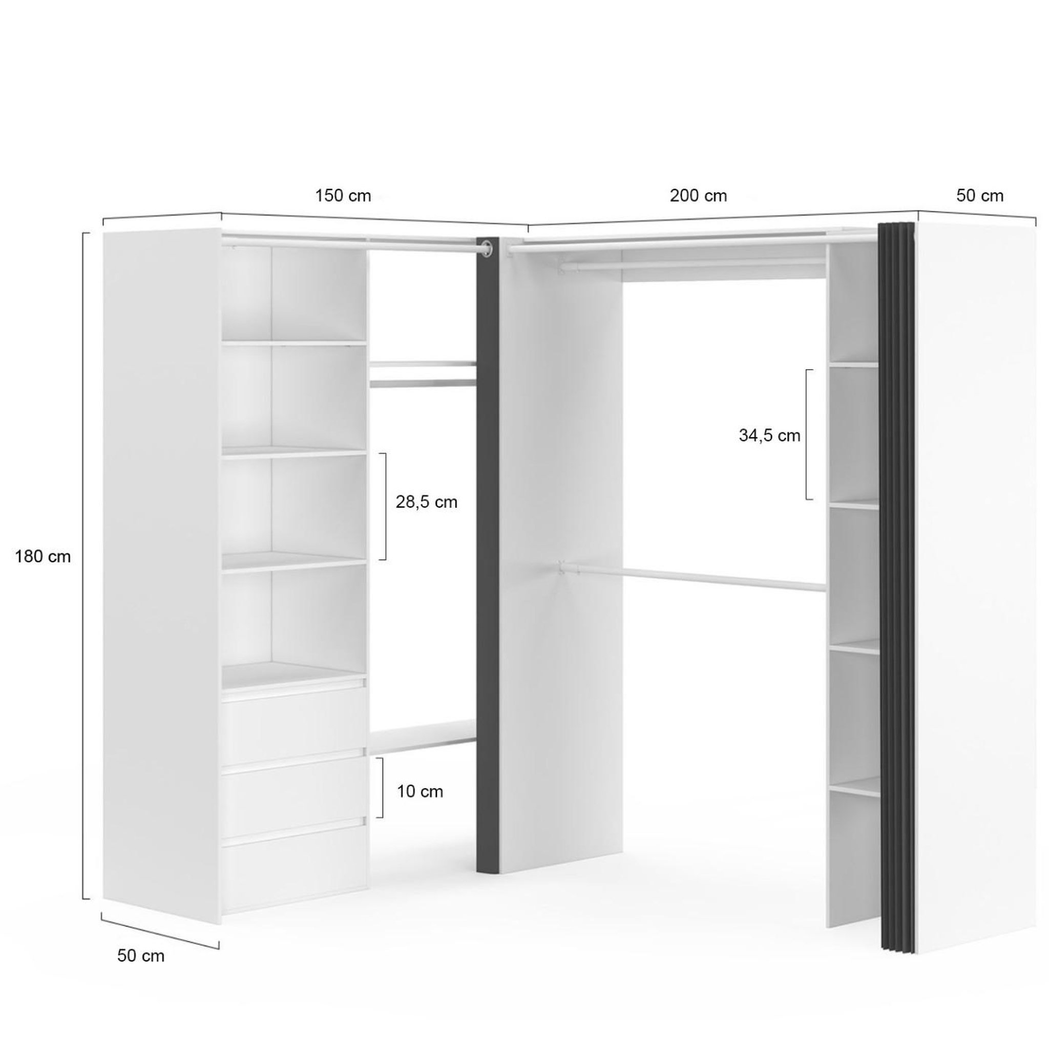 Voir la diapositive 4 : ID MARKET Dressing extensible d'angle marlon 200 x 150 x 180 cm cm blanc avec penderies + tiroirs + étagères + rideaux gris