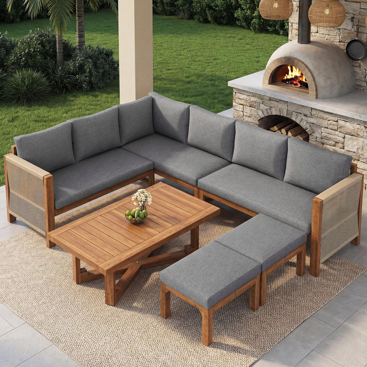 MERAX Salon de jardin 6 place en bois avec coussins