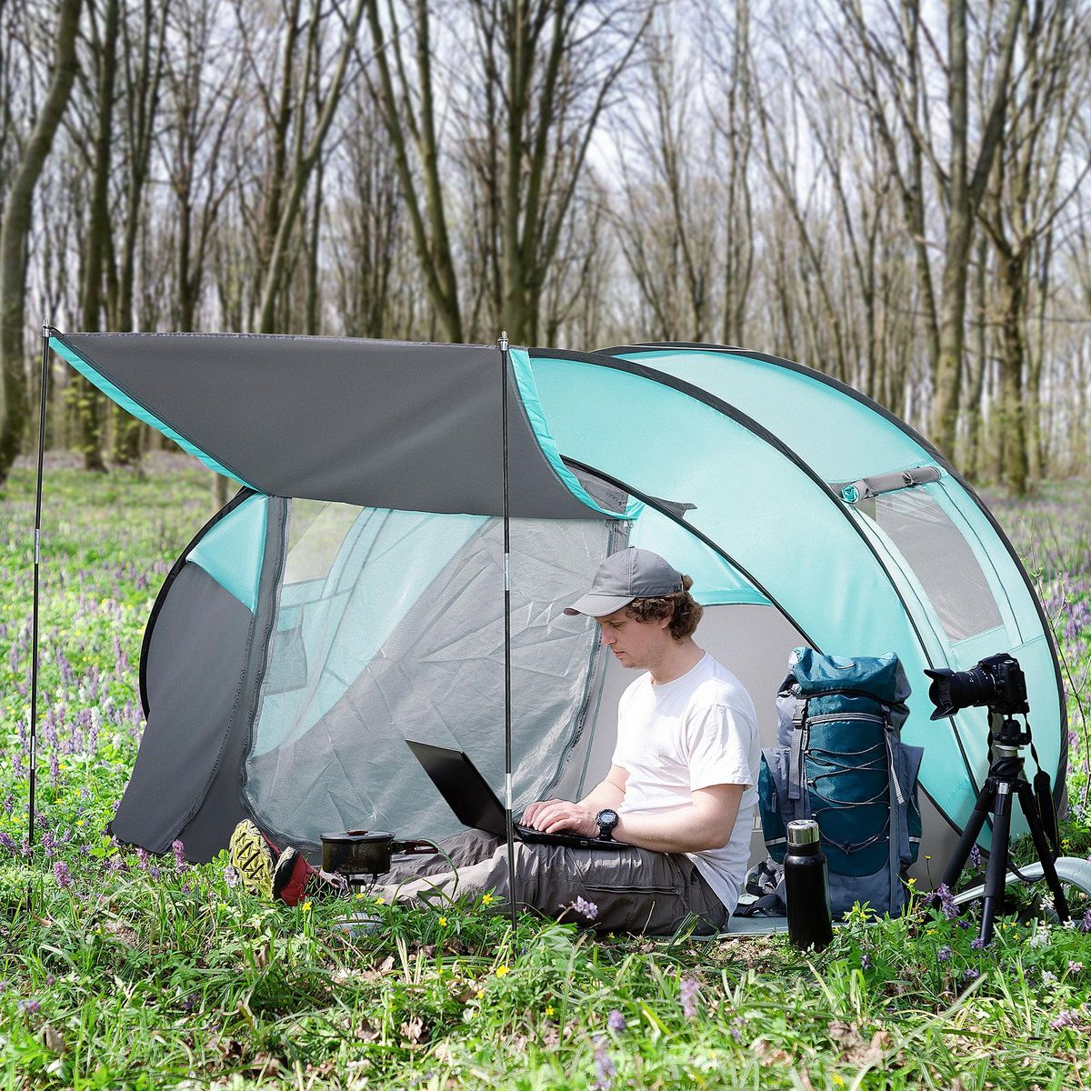 OUTSUNNY Tente pop up montage instantané - tente de camping 3-4 pers.  - 2 portes, 2 fenêtres moustiquaires - dim. 2,86L x 2,09l x 1,22H m - fibre verre polyester bleu gris