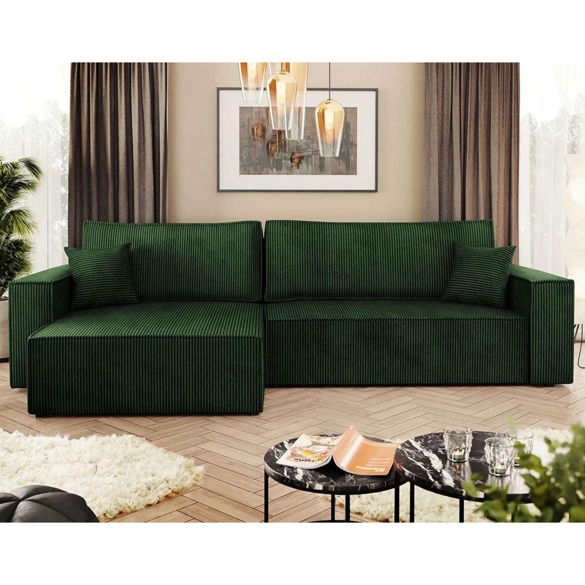 BEST MOBILIER Cezanne - canapé d'angle réversible 5 places convertible avec coffre en velours côtelé