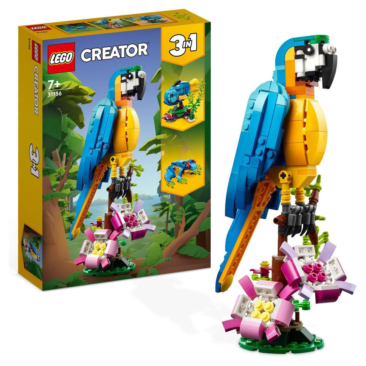 LEGO Creator  31136 - Le perroquet exotique, Jouet de Construction, Figurines Animaux de la Jungle, avec Grenouille et Poisson